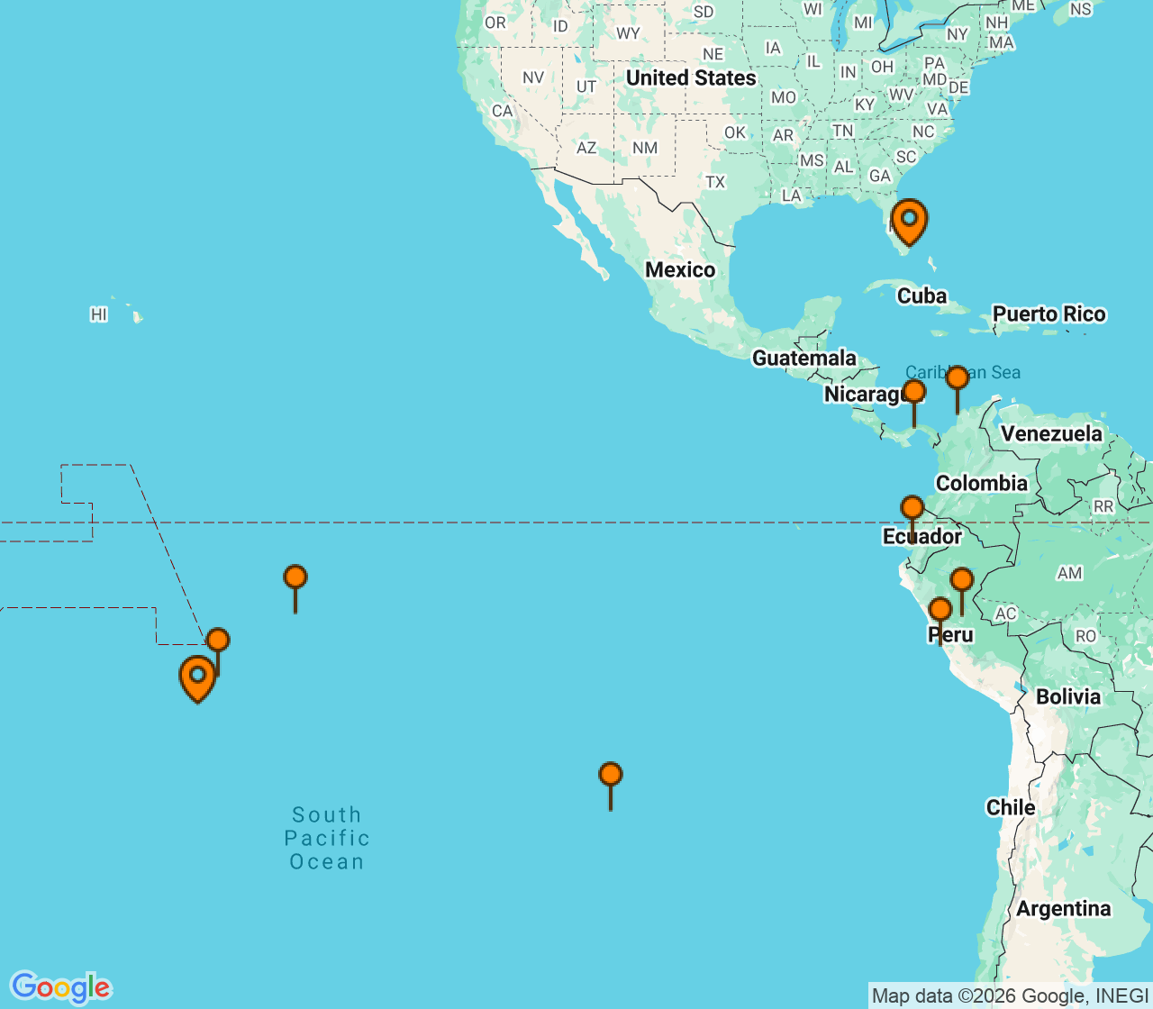 Harta itinerariu Croaziera 2029 - Grand Voyage si Tematice (Miami, FL) - Seabourn - Seabourn Quest - 30 nopti