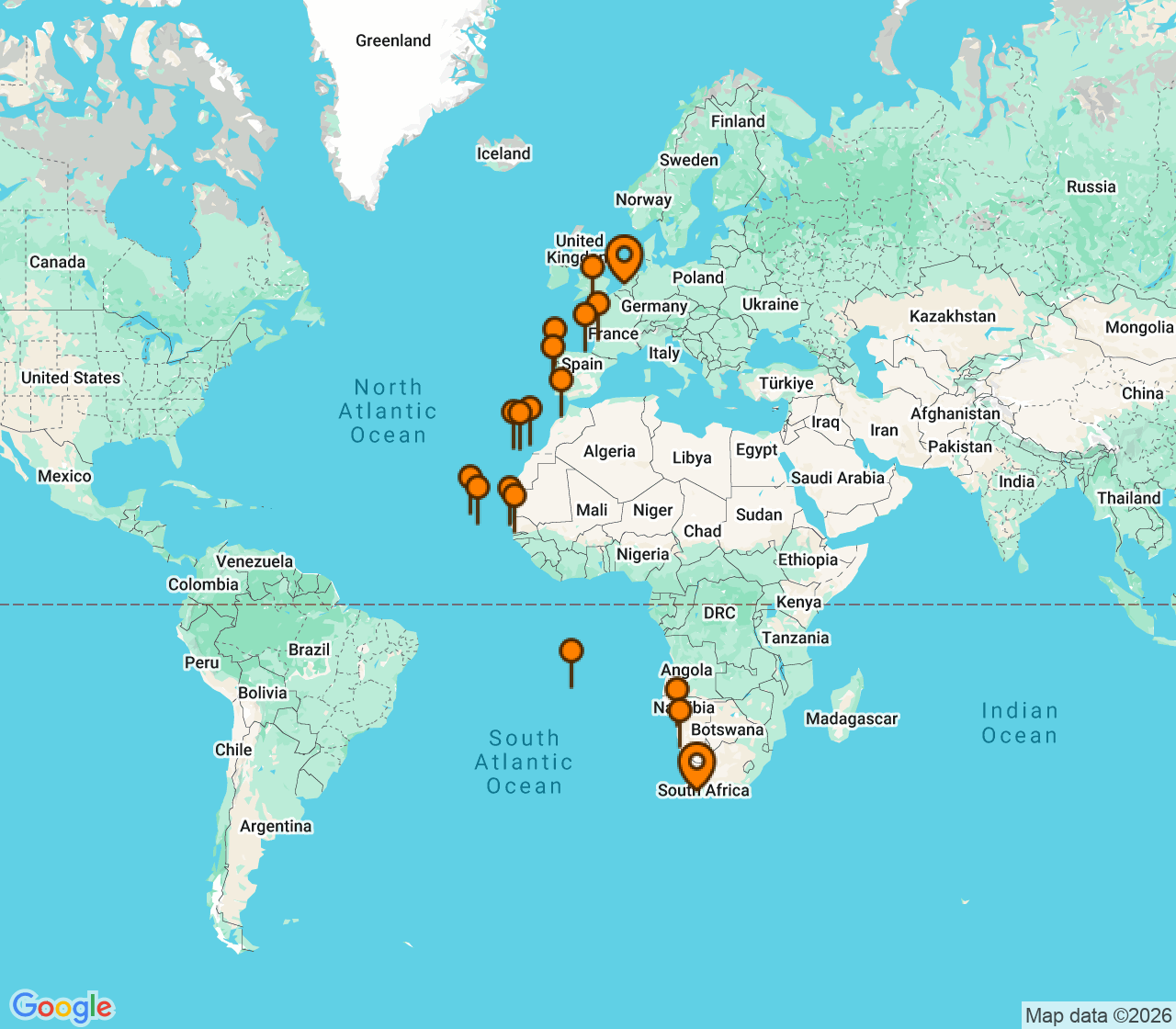 Harta itinerariu Croaziera 2027 - Grand Voyage si Tematice (Cape Town, Africa de Sud) - Holland America Line - Volendam - 35 nopti