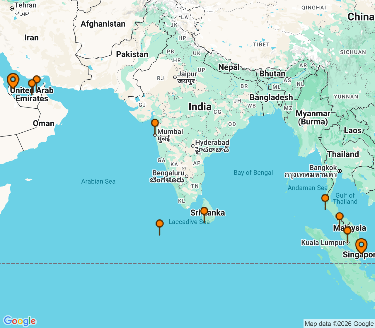 Harta itinerariu Croaziera 2027 - Asia (Orientul Indepartat) (Singapore) - Oceania Cruises - Vista - 18 nopti