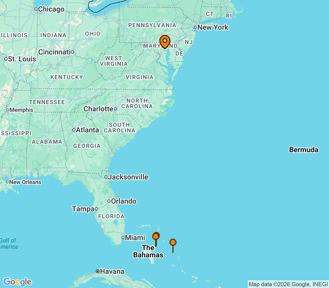 Harta itinerariu Croaziera 2026 - Caraibe si America Centrala (Baltimore, MD) - Carnival Cruise Line - Carnival Pride - 7 nopti