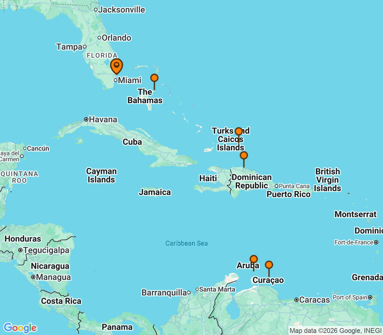 Harta itinerariu Croaziera 2027 - Caraibe si America Centrala (Fort Lauderdale, Florida) - Princess Cruises - Regal Princess - 14 nopti