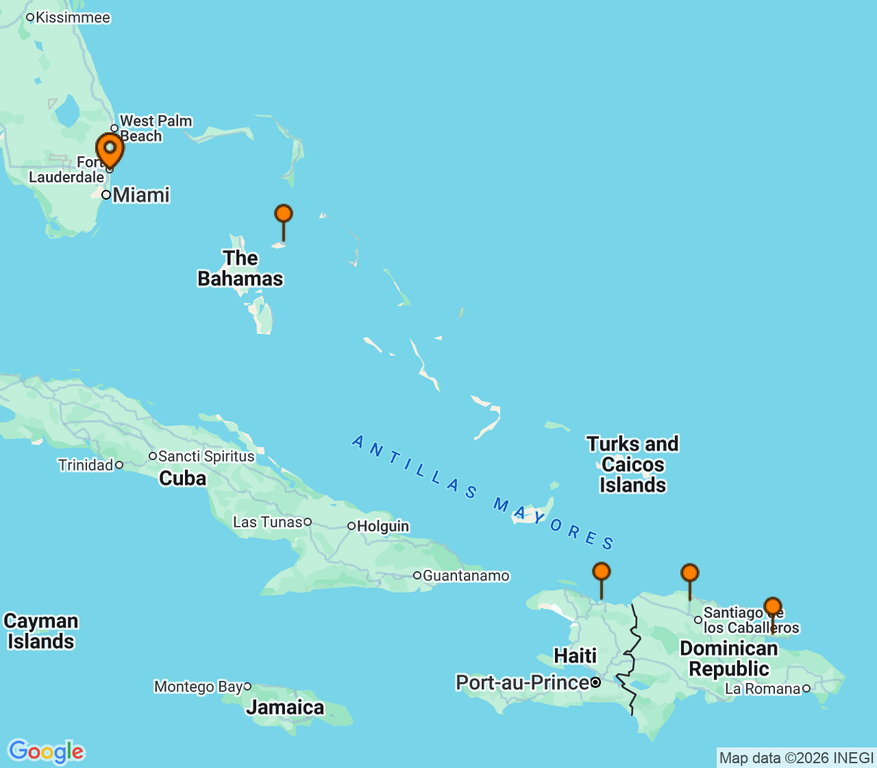 Harta itinerariu Croaziera 2028 - Caraibe si America Centrala (Fort Lauderdale, Florida) - Royal Caribbean Cruise Line - Explorer of the Seas - 7 nopti