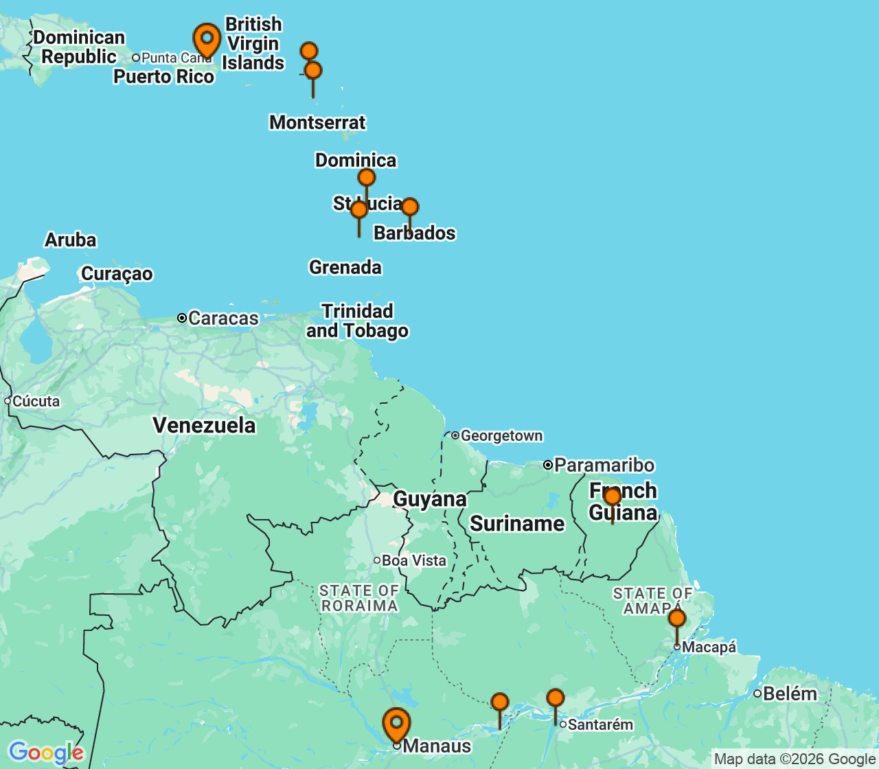 Harta itinerariu Croaziera 2027 - America de Sud (Raul Amazon, Manaus, Brazilia) - Explora Journeys - Explora I - 12 nopti
