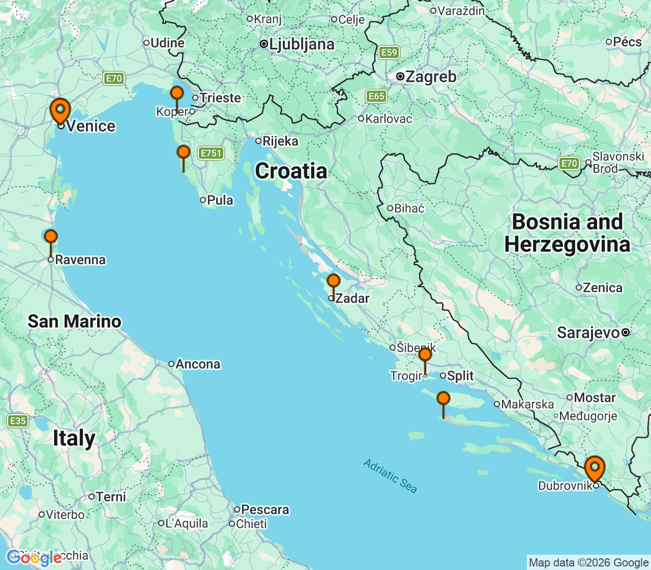 Harta itinerariu Croaziera 2028 - Mediterana (Venetia, Italia) - Windstar Cruises - Wind Spirit - 7 nopti
