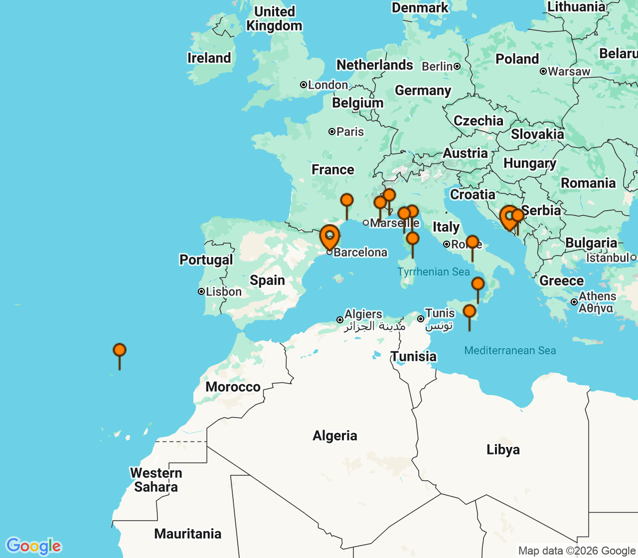 Harta itinerariu Croaziera 2028 - Mediterana (Barcelona, Spania) - Seabourn - Seabourn Ovation - 14 nopti