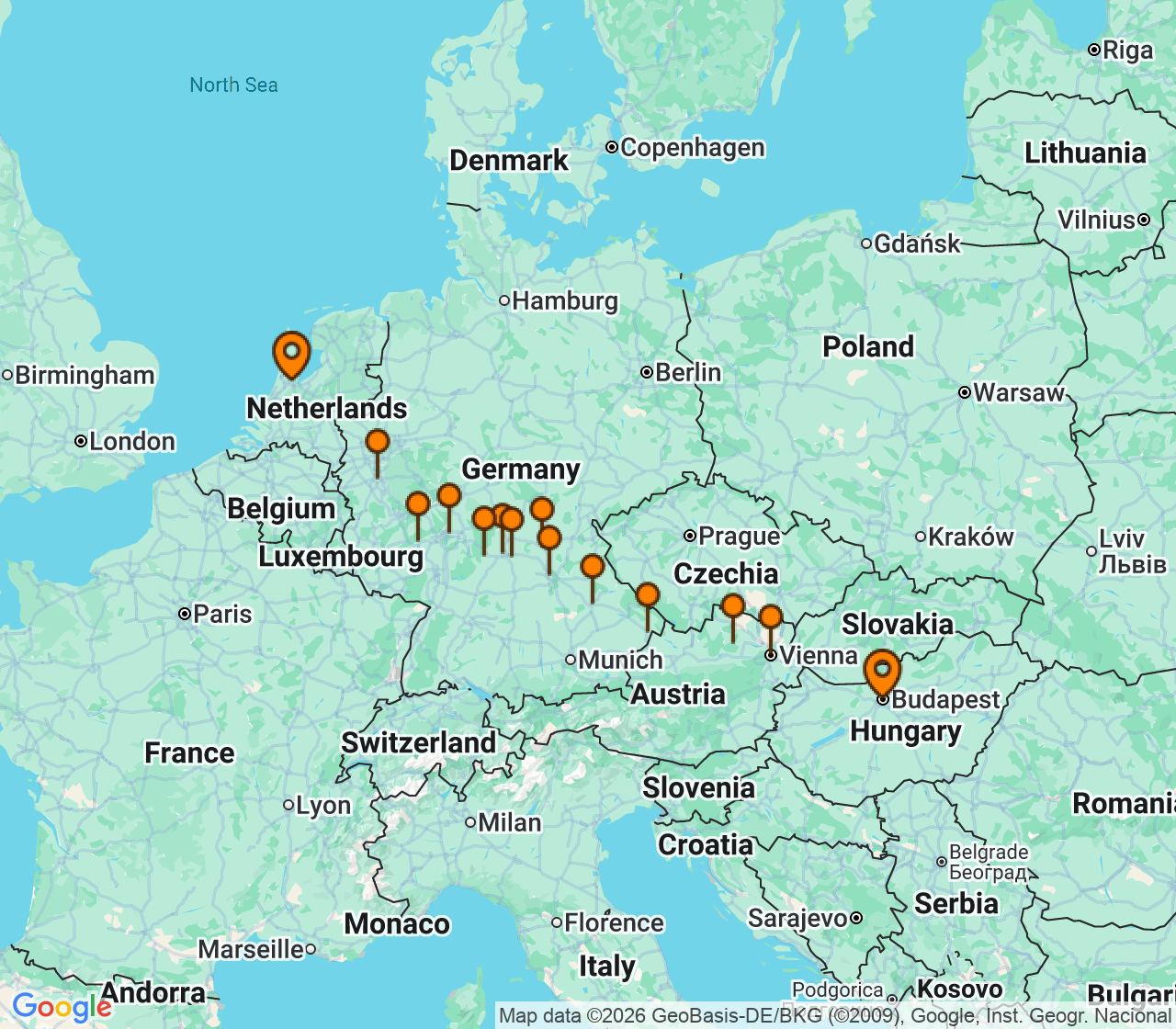 Harta itinerariu Croaziera 2027 - Europa de Nord (Amsterdam, Olanda) - Uniworld River Cruises - S.S. Marlene - 14 nopti