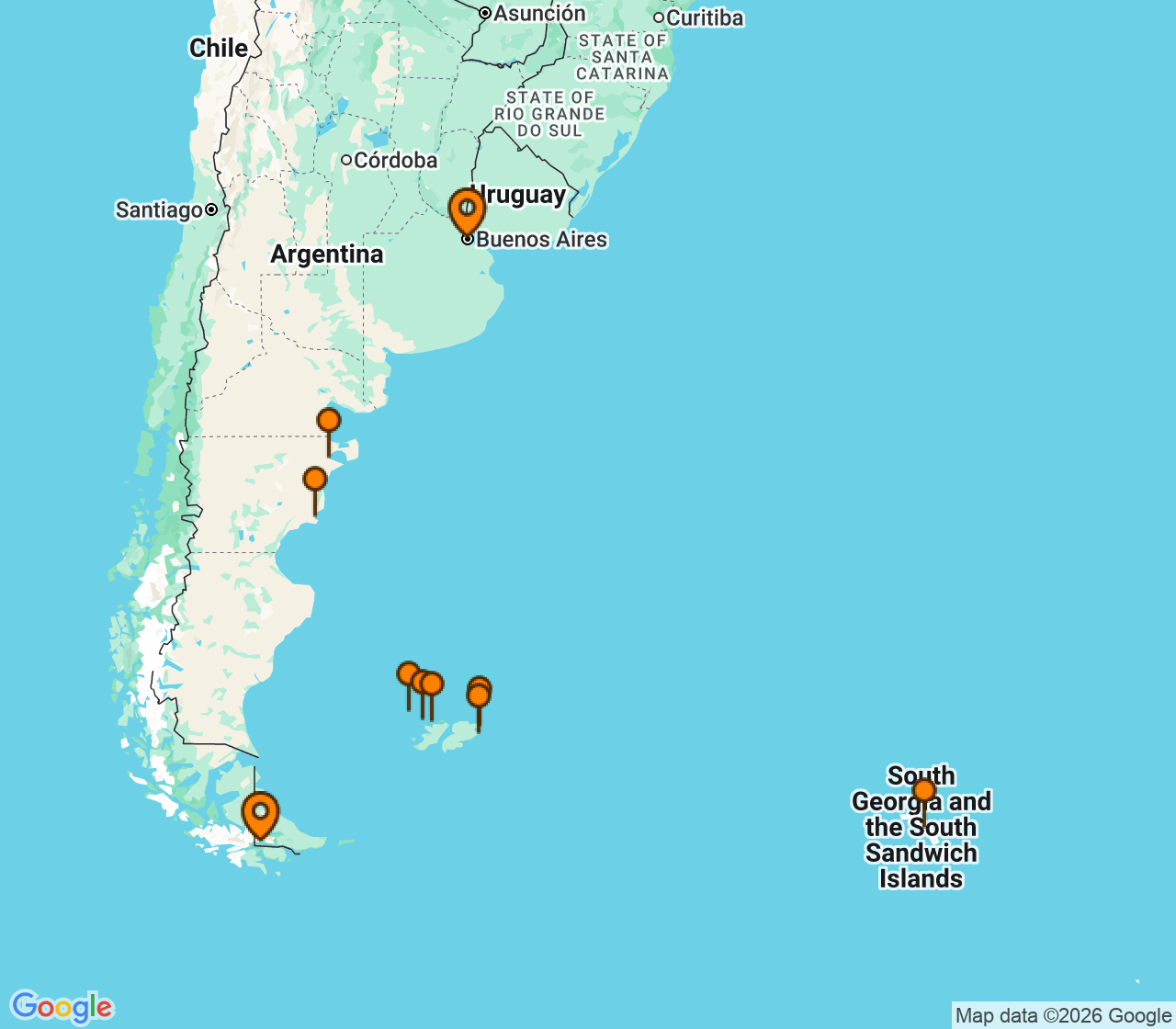 Harta itinerariu Croaziera 2028 - Grand Voyage si Tematice (Ushuaia, Argentina) - Ponant - Le Lyrial - 18 nopti
