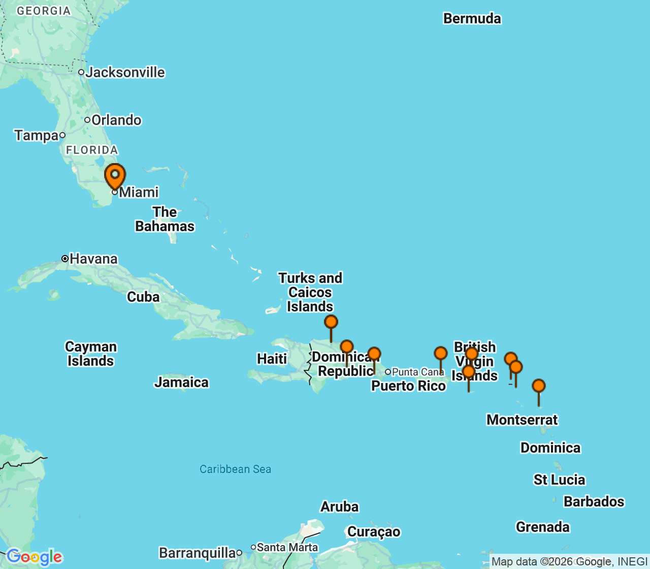 Harta itinerariu Croaziera 2026 - Caraibe si America Centrala (Miami, FL) - Explora Journeys - Explora III - 14 nopti