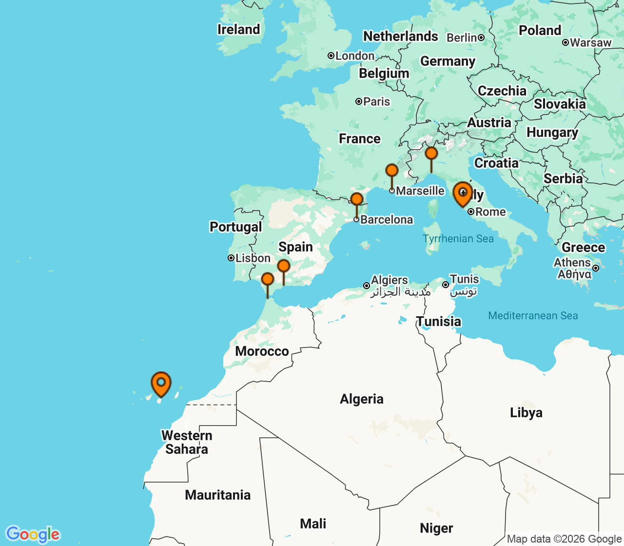 Harta itinerariu Croaziera 2027 - Repozitionari si Transoceanic (Roma (Civitavecchia), Italia) - Costa Cruises - Costa Smeralda - 8 nopti
