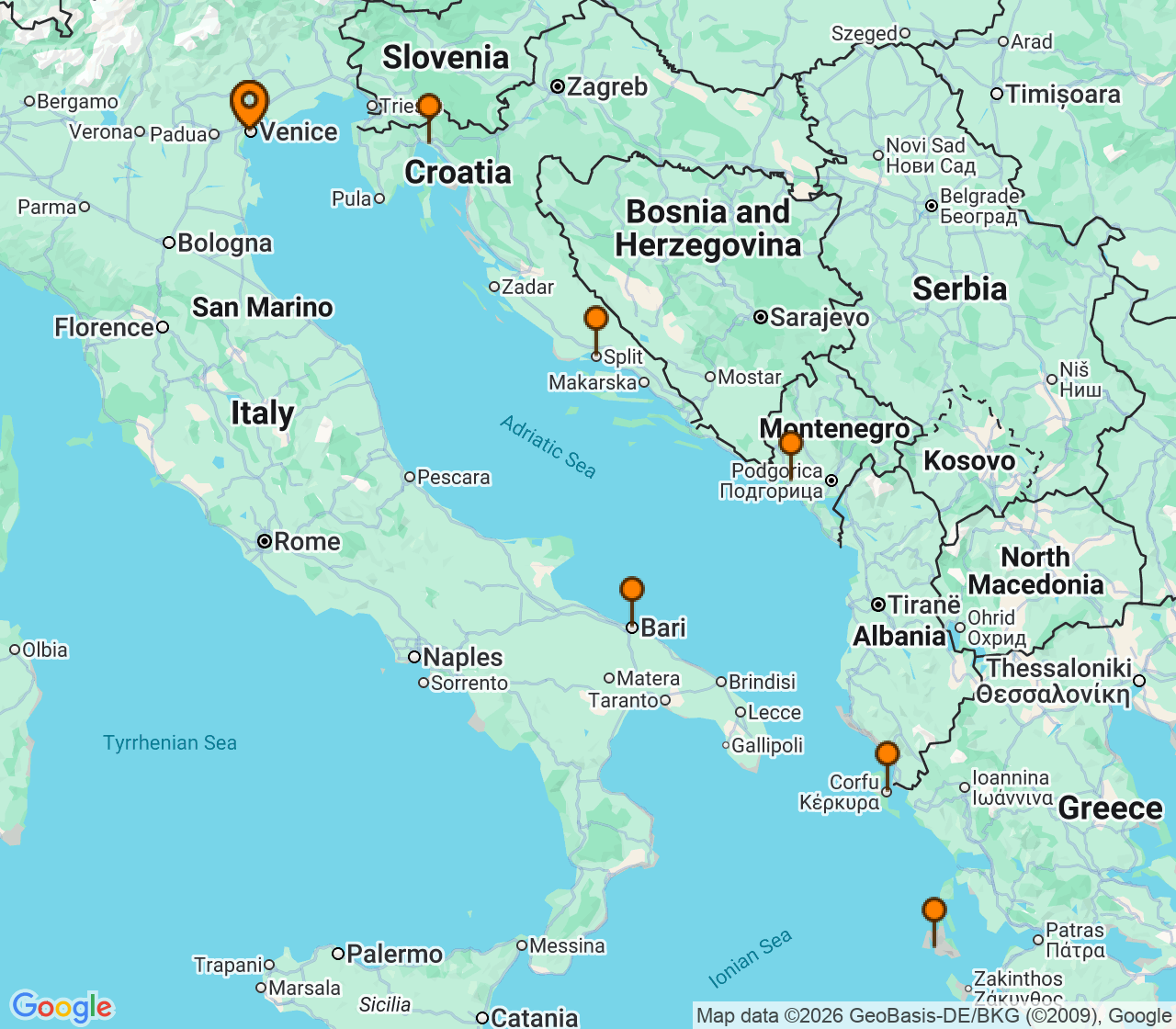 Harta itinerariu Croaziera 2027 - Mediterana (Venetia, Italia) - Costa Cruises - Costa Deliziosa - 7 nopti