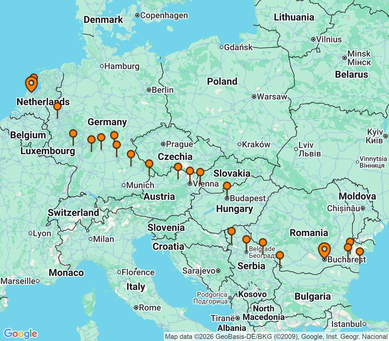 Harta itinerariu Croaziera 2028 - Europa de Nord (Amsterdam, Olanda) - Uniworld River Cruises - S.S. Helen - 29 nopti
