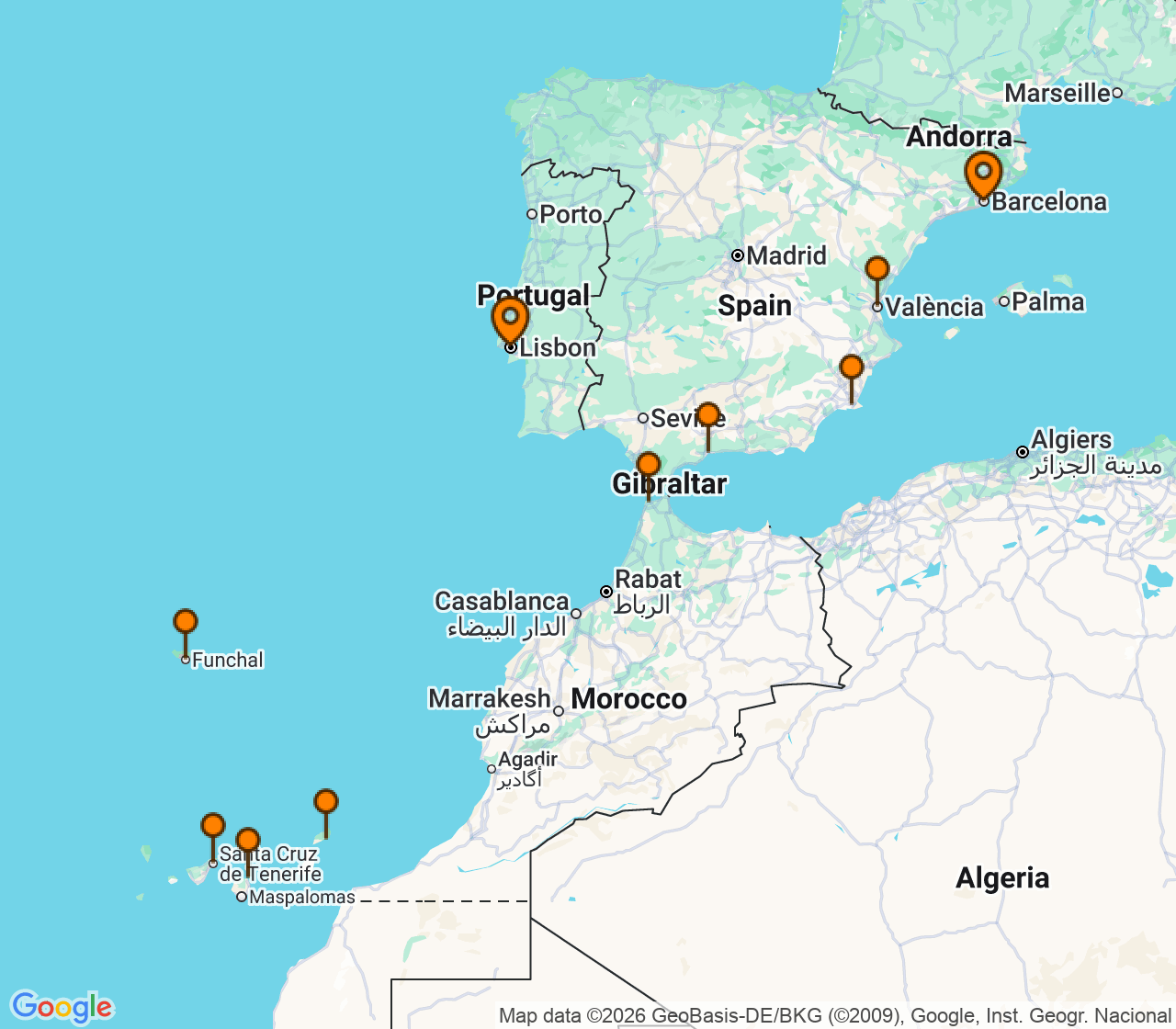 Harta itinerariu Croaziera 2028 - Mediterana (Barcelona, Spania) - Oceania Cruises - Allura - 11 nopti