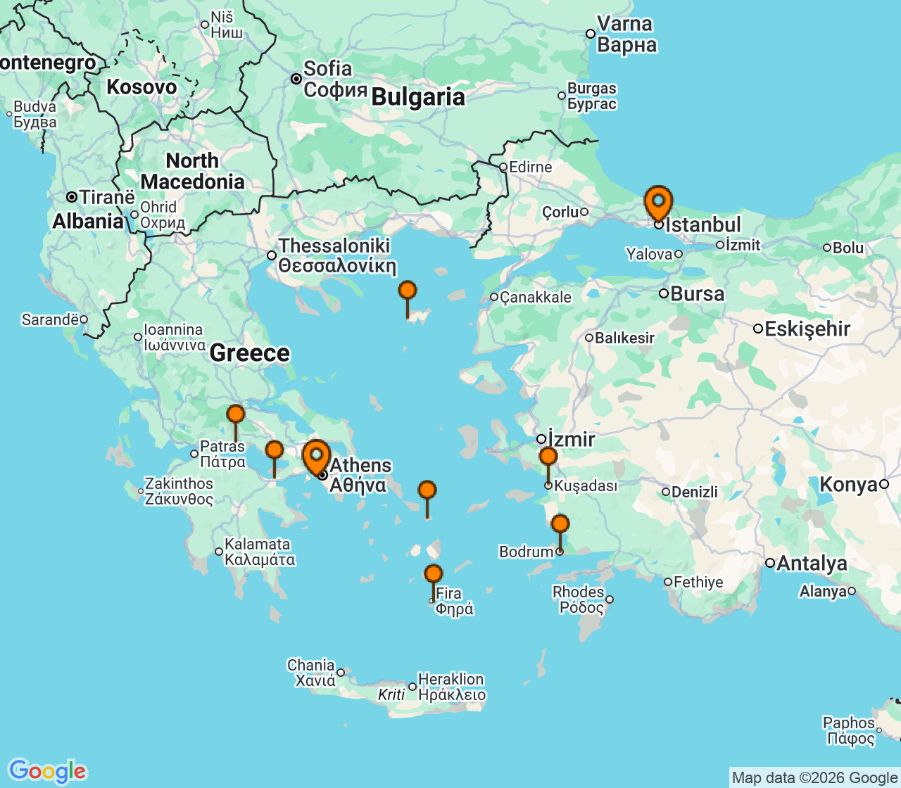 Harta itinerariu Croaziera 2027 - Mediterana (Atena (Piraeus), Grecia) - Windstar Cruises - Star Legend - 11 nopti