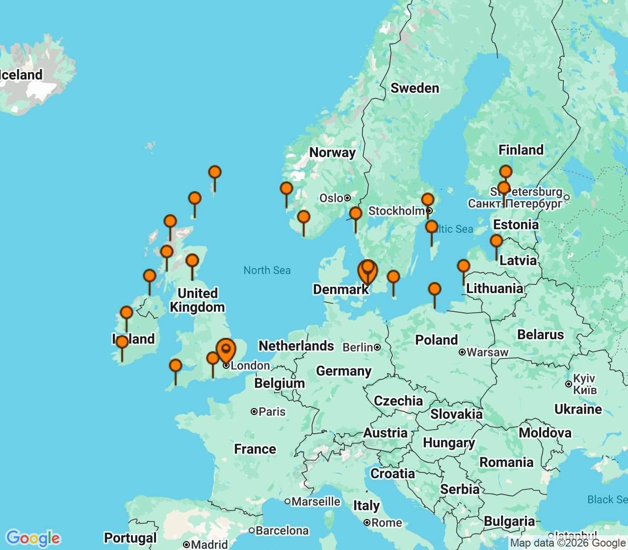 Harta itinerariu Croaziera 2028 - Europa de Nord (Dover (Londra), Anglia) - Seabourn - Seabourn Quest - 34 nopti