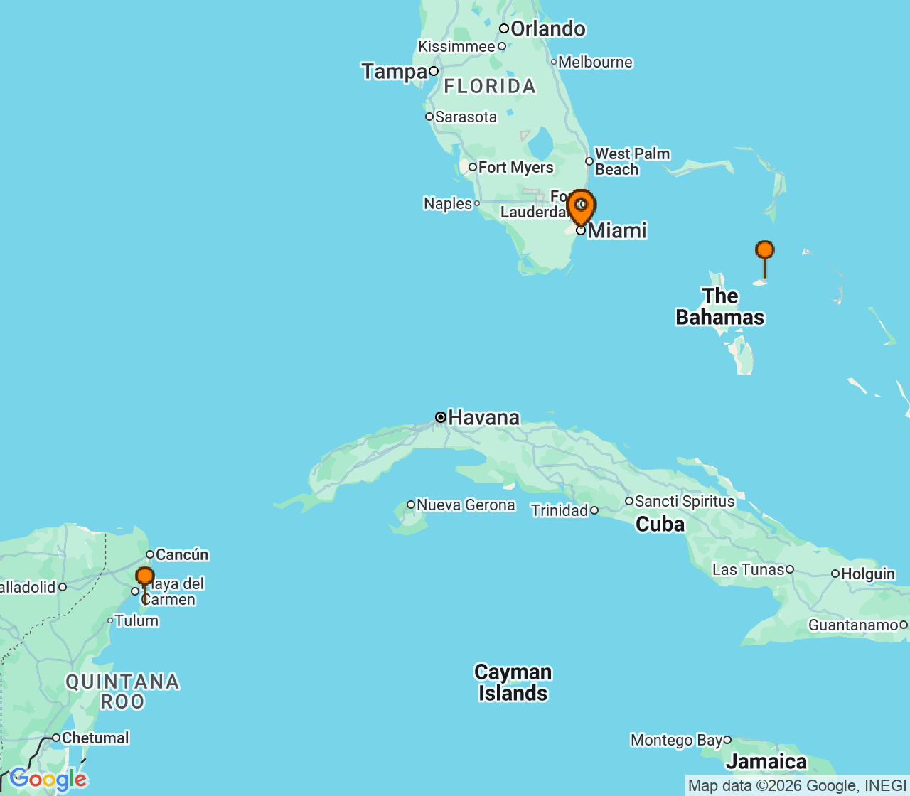 Harta itinerariu Croaziera 2027 - Caraibe si America Centrala (Miami, FL) - Royal Caribbean Cruise Line - Freedom of the Seas - 5 nopti