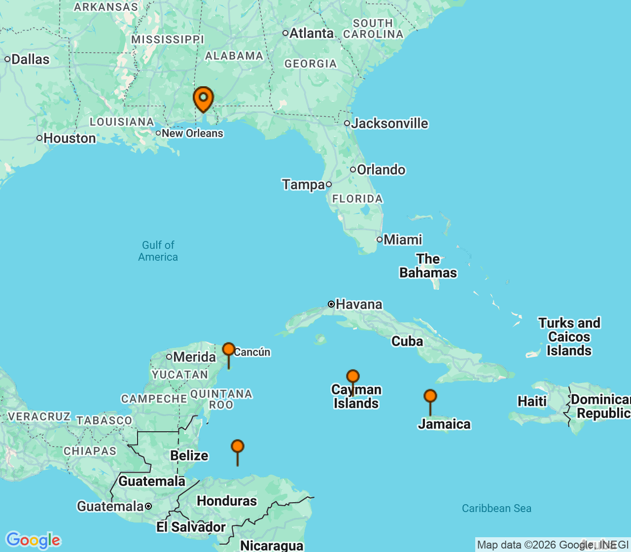 Harta itinerariu Croaziera 2027 - Caraibe si America Centrala (Mobile, AL) - Carnival Cruise Line - Carnival Spirit - 9 nopti