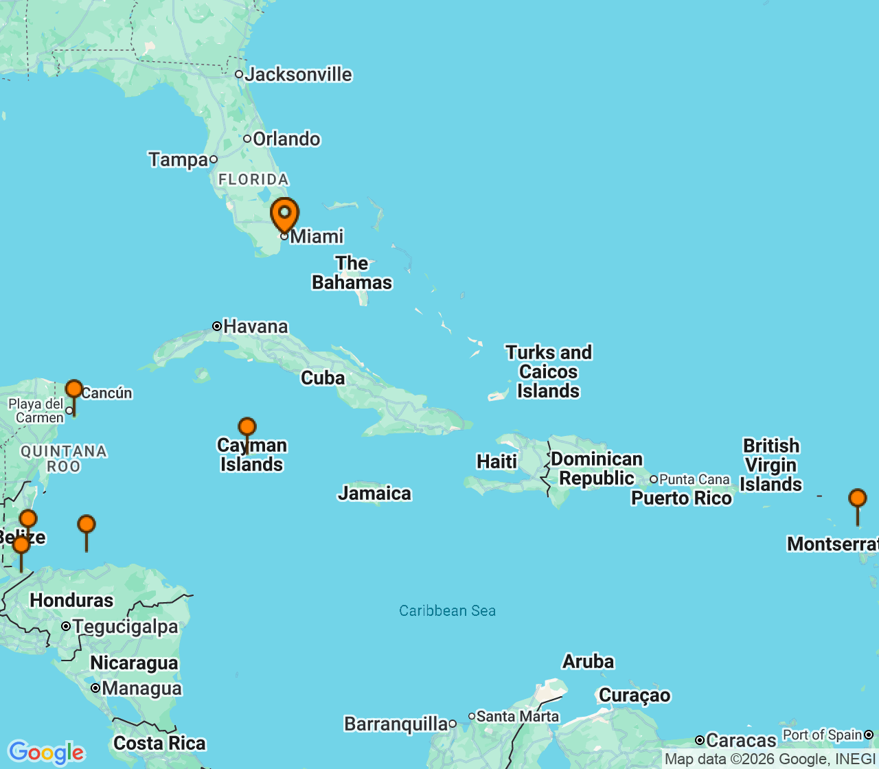 Harta itinerariu Croaziera 2027 - Caraibe si America Centrala (Miami, FL) - Regent Seven Seas Cruises - Seven Seas Prestige - 10 nopti
