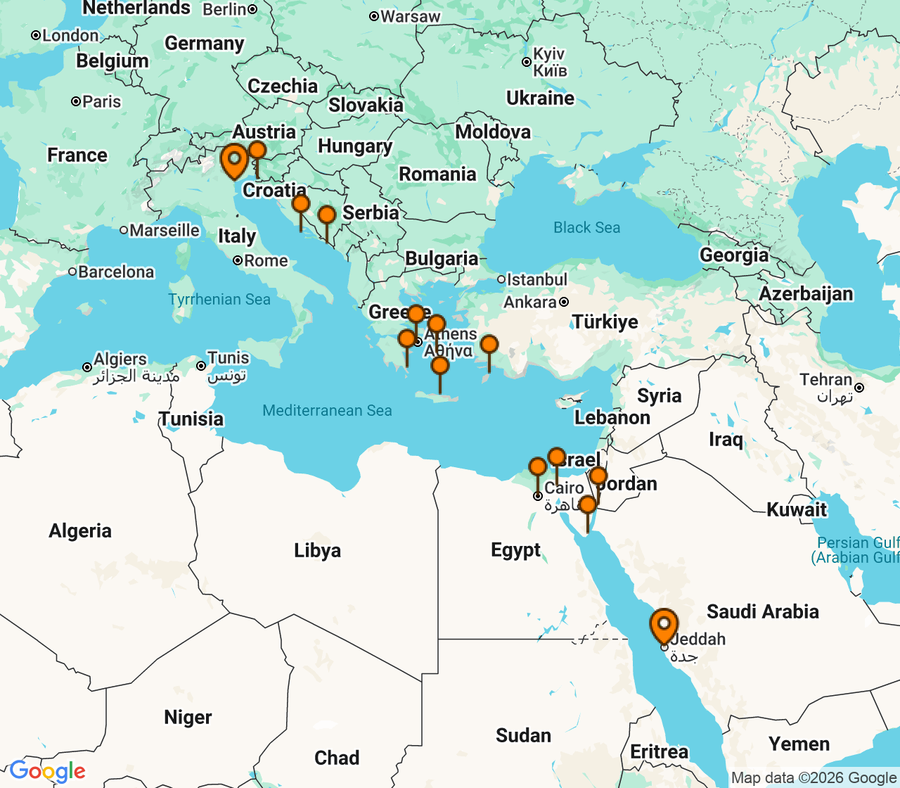 Harta itinerariu Croaziera 2028 - Grand Voyage si Tematice (Venetia, Italia) - Explora Journeys - Explora I - 16 nopti