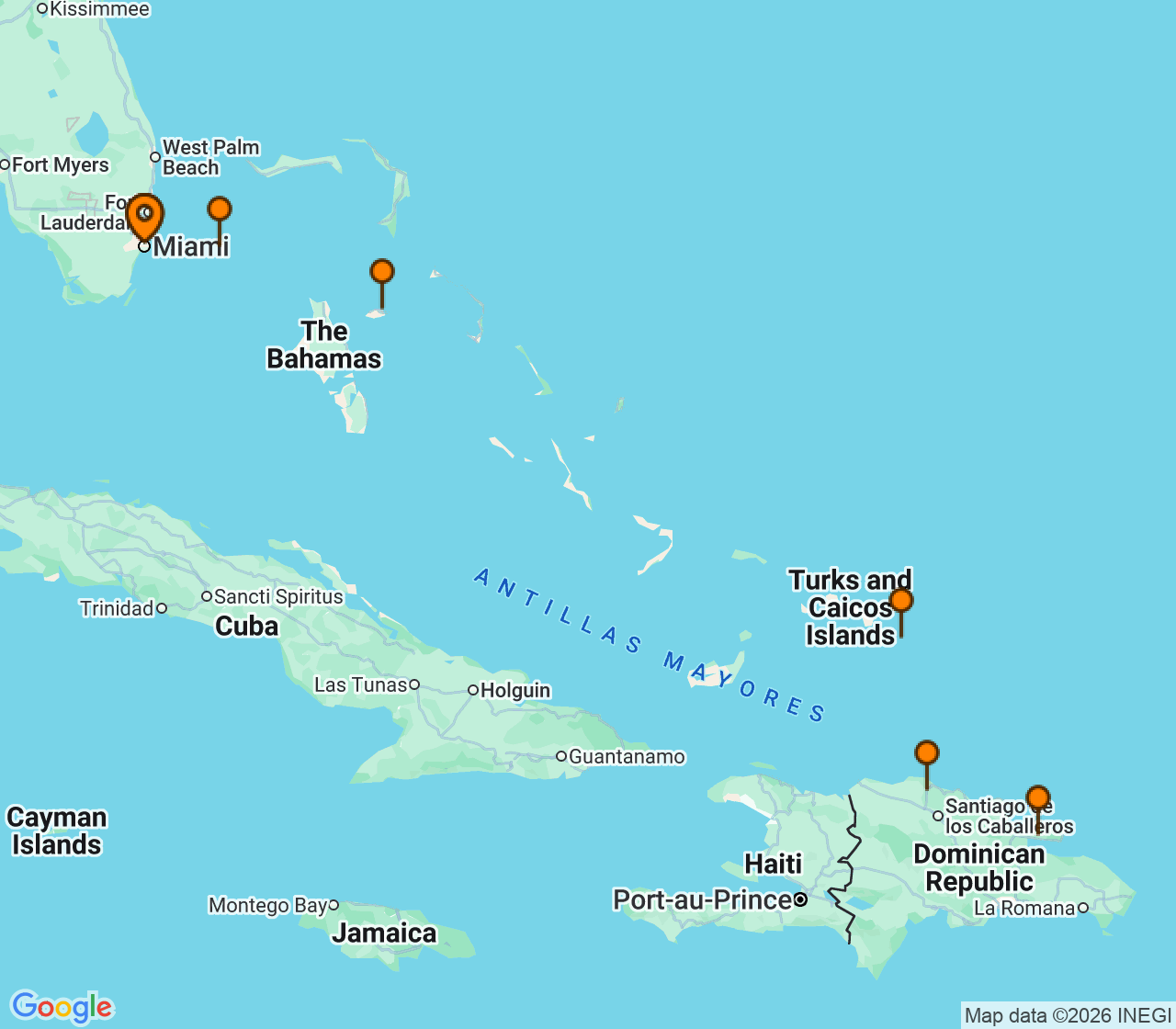 Harta itinerariu Croaziera 2028 - Caraibe si America Centrala (Miami, FL) - Virgin Voyages - Resilient Lady - 8 nopti
