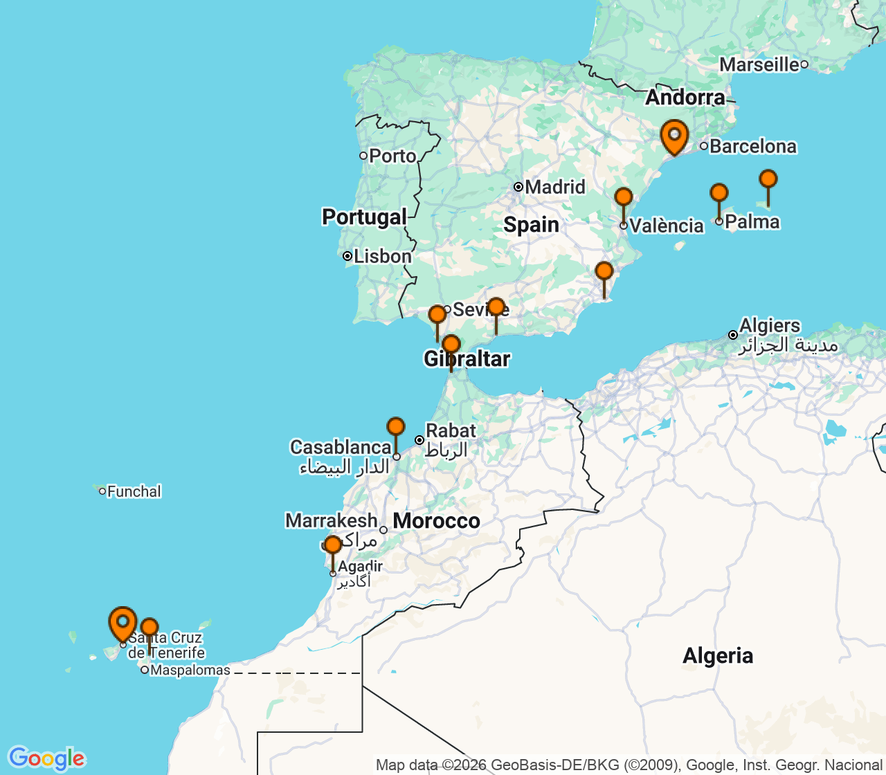 Harta itinerariu Croaziera 2027 - Mediterana (Tarragona, Spania) - Windstar Cruises - Wind Spirit - 18 nopti