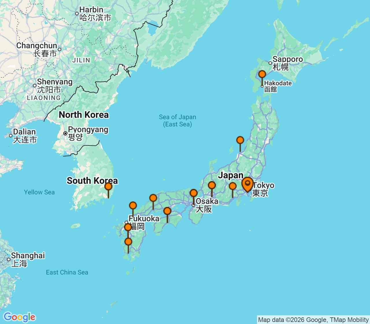 Harta itinerariu Croaziera 2028 - Asia (Orientul Indepartat) (Tokyo (Yokohama), Japonia) - Princess Cruises - Sapphire Princess - 22 nopti