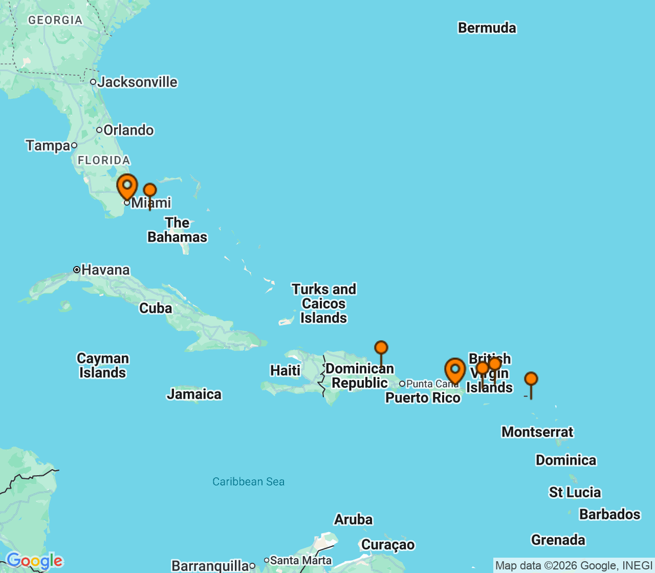Harta itinerariu Croaziera 2027 - Caraibe si America Centrala (San Juan, Puerto Rico) - Explora Journeys - Explora IV - 7 nopti