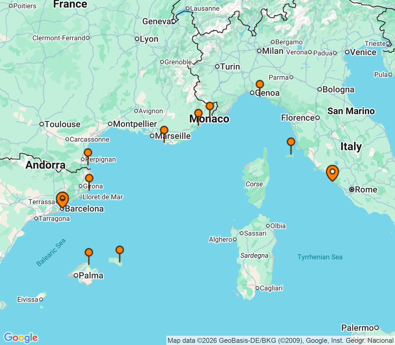 Harta itinerariu Croaziera 2027 - Mediterana (Barcelona, Spania) - Windstar Cruises - Star Legend - 11 nopti