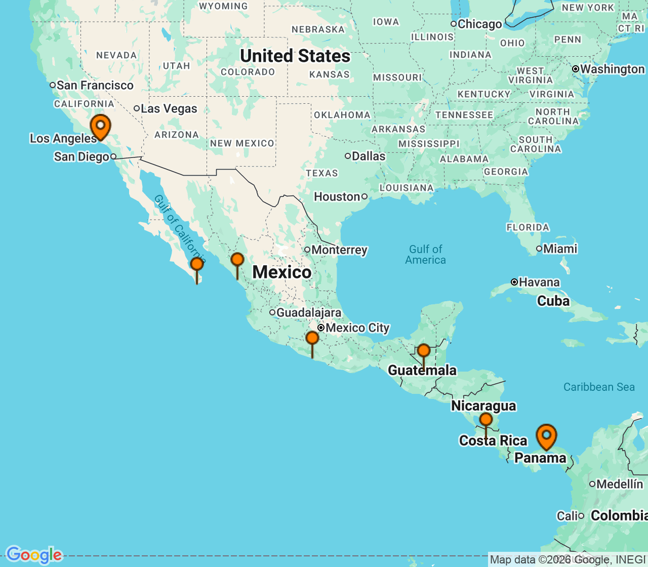 Harta itinerariu Croaziera 2027 - Caraibe si America Centrala (Los Angeles, CA) - Regent Seven Seas Cruises - Seven Seas Prestige - 12 nopti