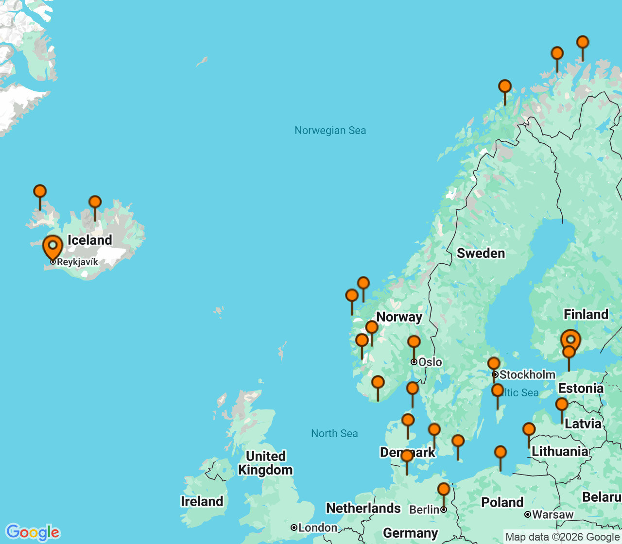 Harta itinerariu Croaziera 2028 - Grand Voyage si Tematice (Reykjavik, Islanda) - Oceania Cruises - Sonata - 28 nopti