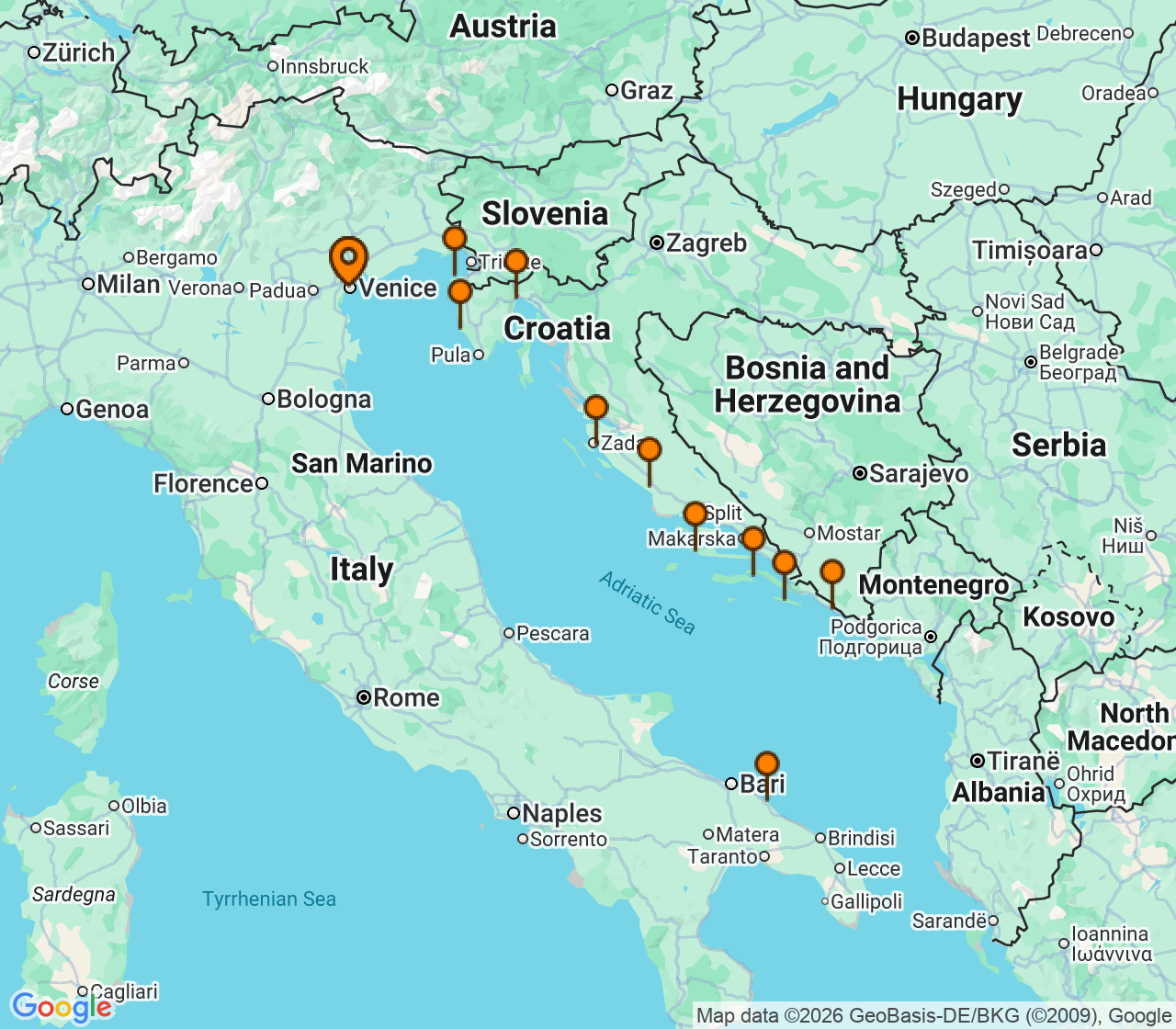 Harta itinerariu Croaziera 2027 - Mediterana (Venetia, Italia) - Windstar Cruises - Wind Spirit - 11 nopti