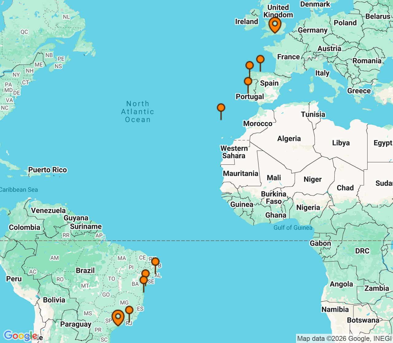 Harta itinerariu Croaziera 2027 - Repozitionari si Transoceanic (Southampton, Anglia) - MSC Cruises - MSC Meraviglia - 19 nopti