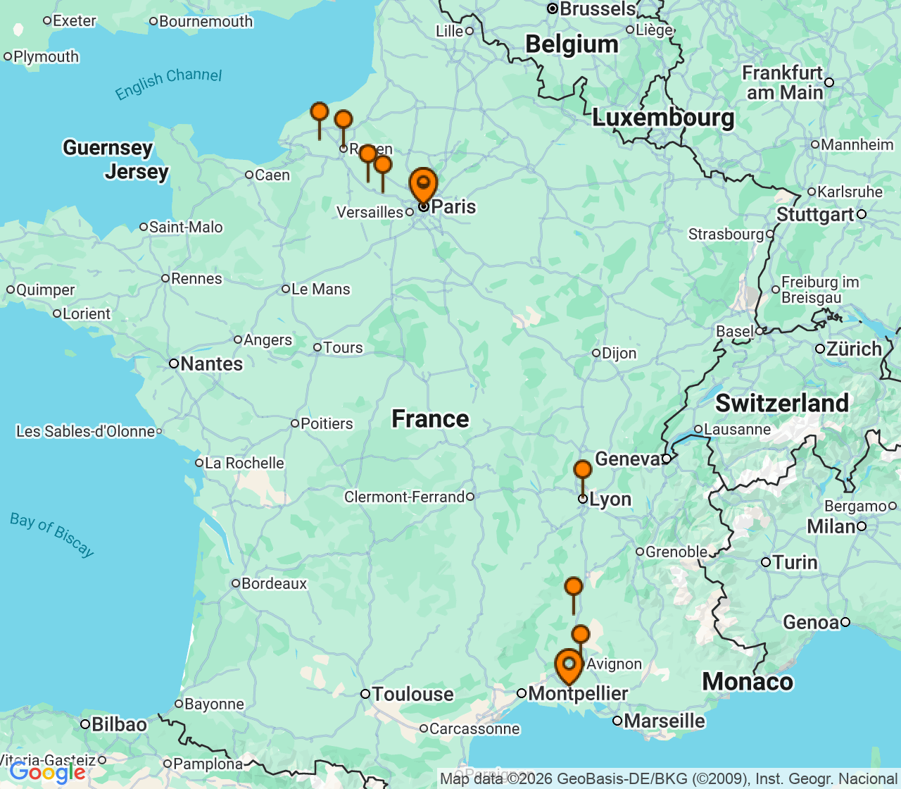 Harta itinerariu Croaziera 2028 - Mediterana (Paris, Franta) - Uniworld River Cruises - S.S. Catherine - 14 nopti