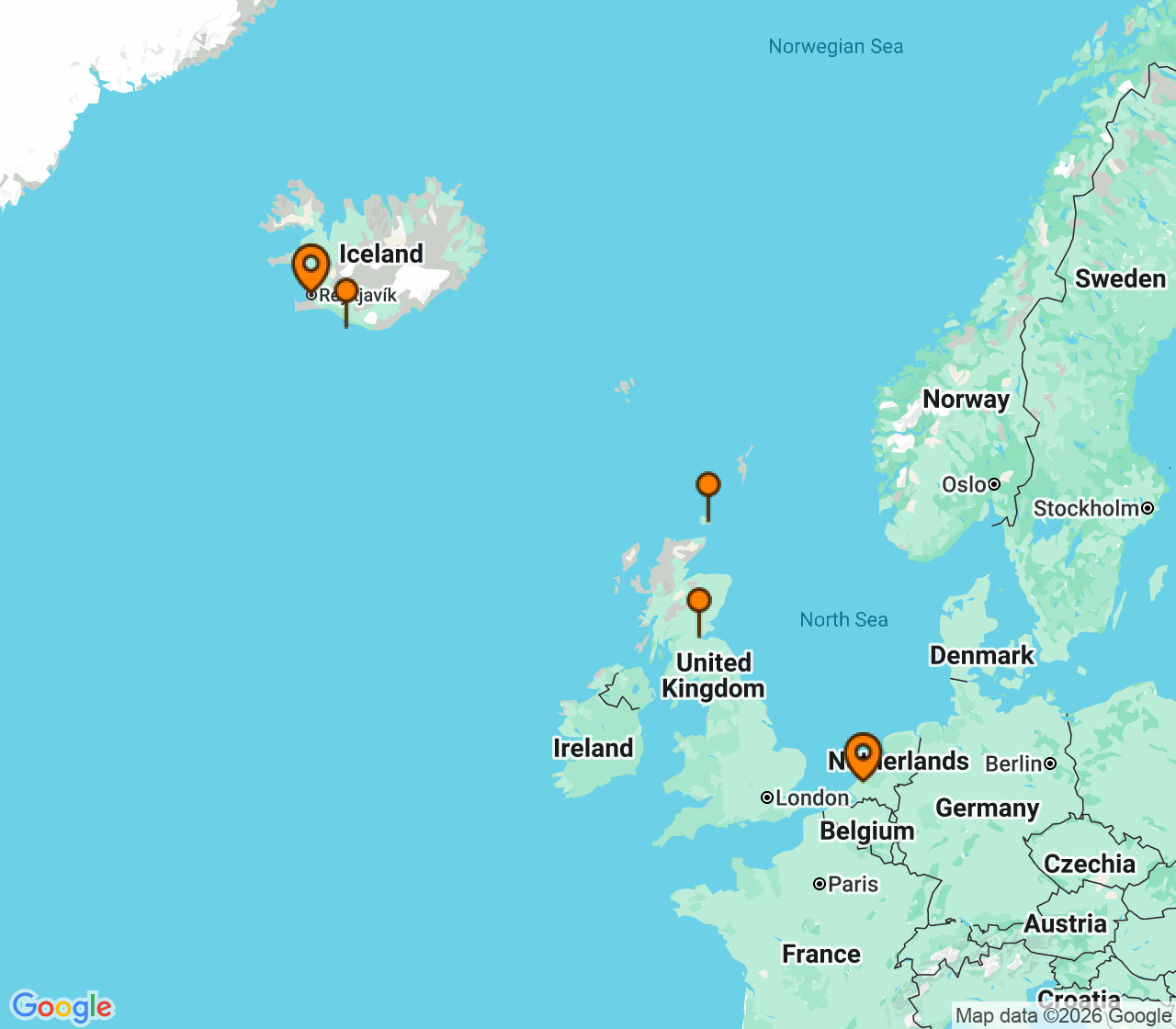 Harta itinerariu Croaziera 2027 - Europa de Nord (Reykjavik, Islanda) - Holland America Line - MSC Rotterdam - 7 nopti