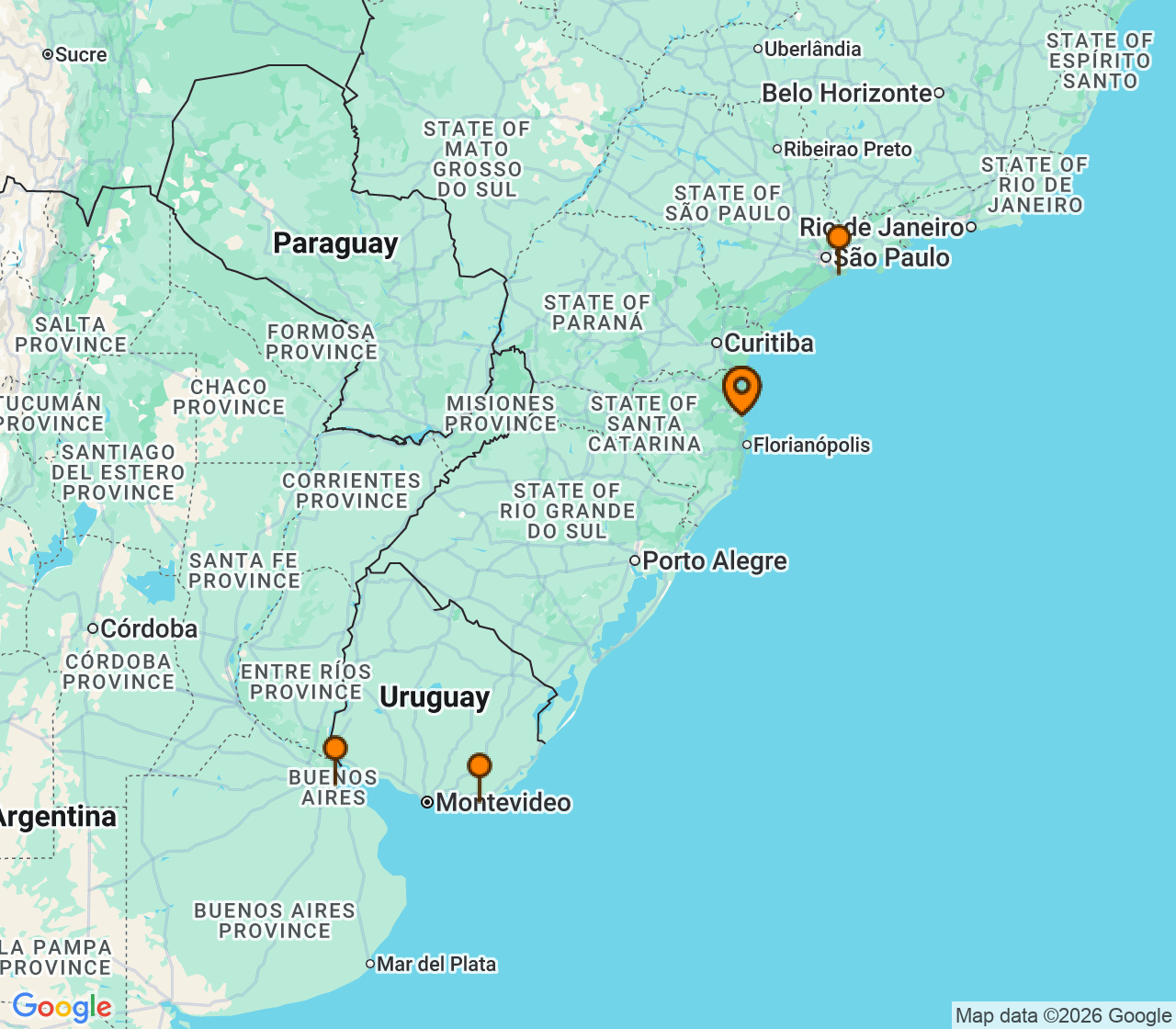 Harta itinerariu Croaziera 2027 - America de Sud (Camboriu, Brazilia) - MSC Cruises - MSC Meraviglia - 7 nopti