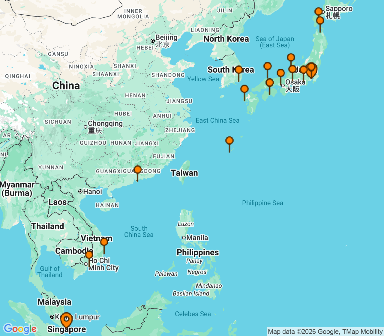 Harta itinerariu Croaziera 2027 - Asia (Orientul Indepartat) (Singapore) - Silversea Cruises - Silver Muse - 29 nopti
