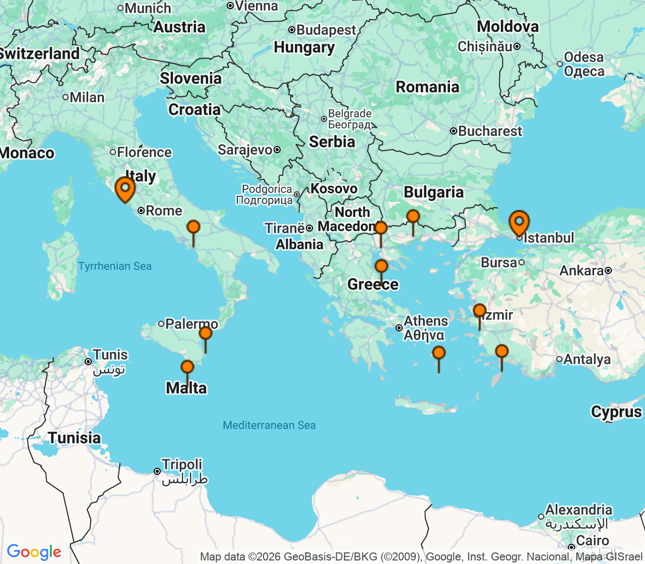 Harta itinerariu Croaziera 2027 - Mediterana (Istanbul, Turcia) - Oceania Cruises - Nautica - 11 nopti