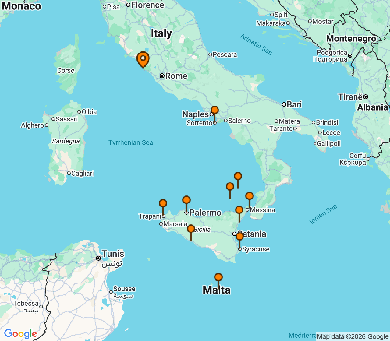 Harta itinerariu Croaziera 2027 - Mediterana (Roma (Civitavecchia), Italia) - Windstar Cruises - Star Legend - 10 nopti