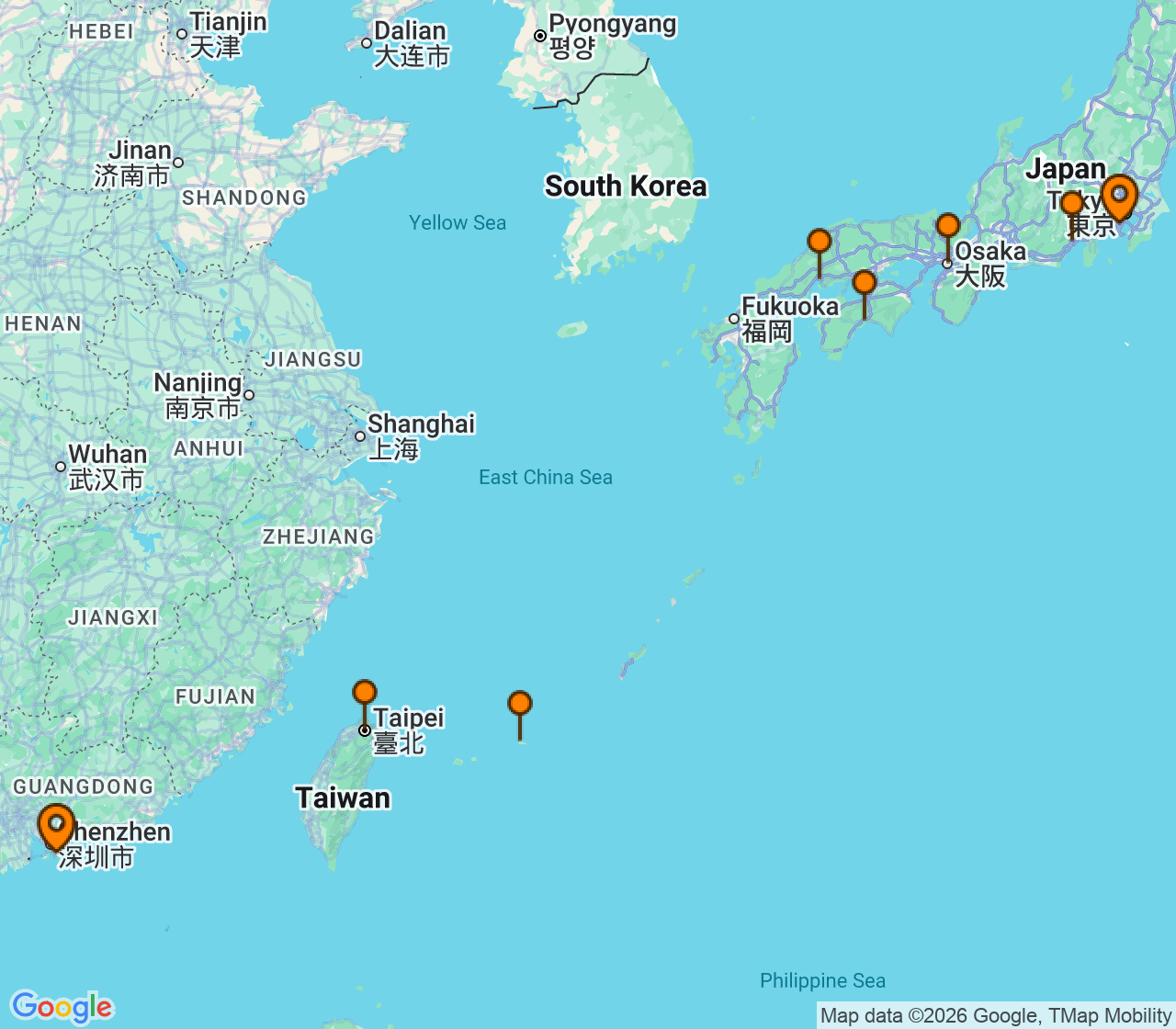 Harta itinerariu Croaziera 2026 - Asia (Orientul Indepartat) (Tokyo (Yokohama), Japonia) - Norwegian Cruise Line - Norwegian Jade - 9 nopti