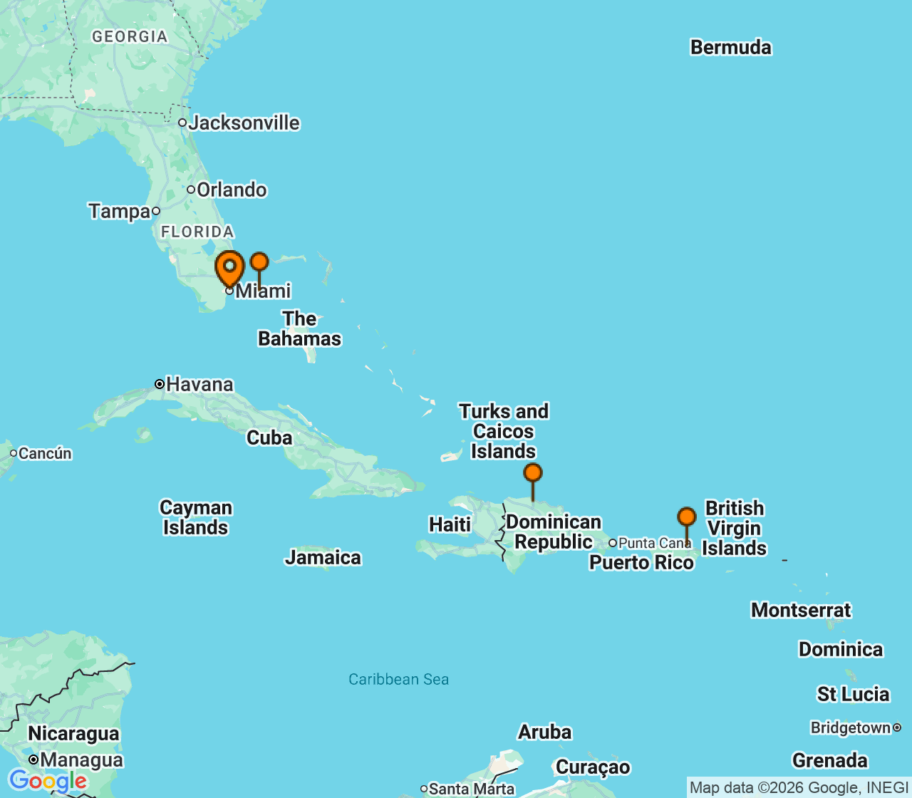 Harta itinerariu Croaziera 2027 - Caraibe si America Centrala (Miami, FL) - Virgin Voyages - Resilient Lady - 7 nopti