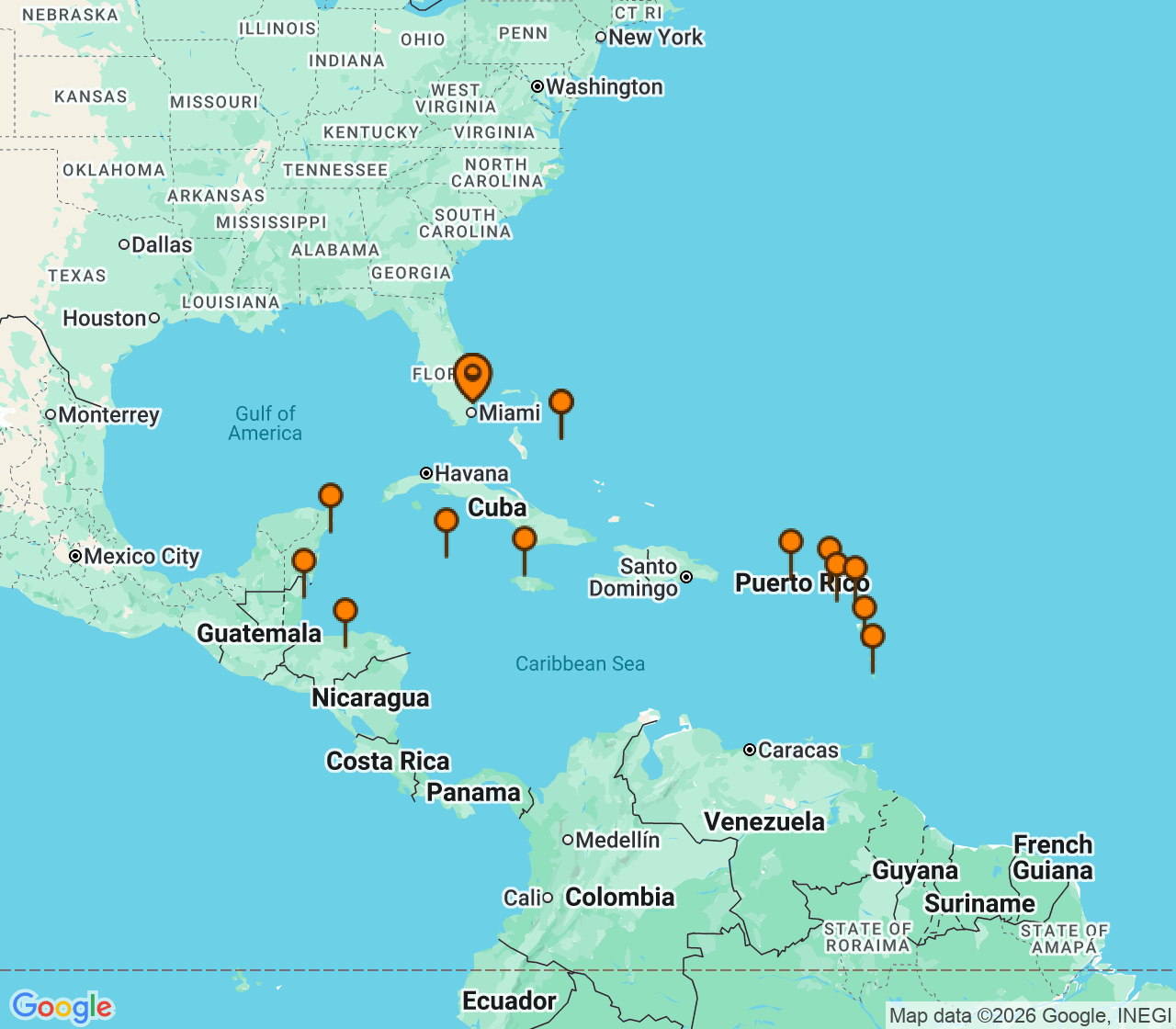 Harta itinerariu Croaziera 2026 - Caraibe si America Centrala (Fort Lauderdale, Florida) - Holland America Line - Rotterdam - 21 nopti