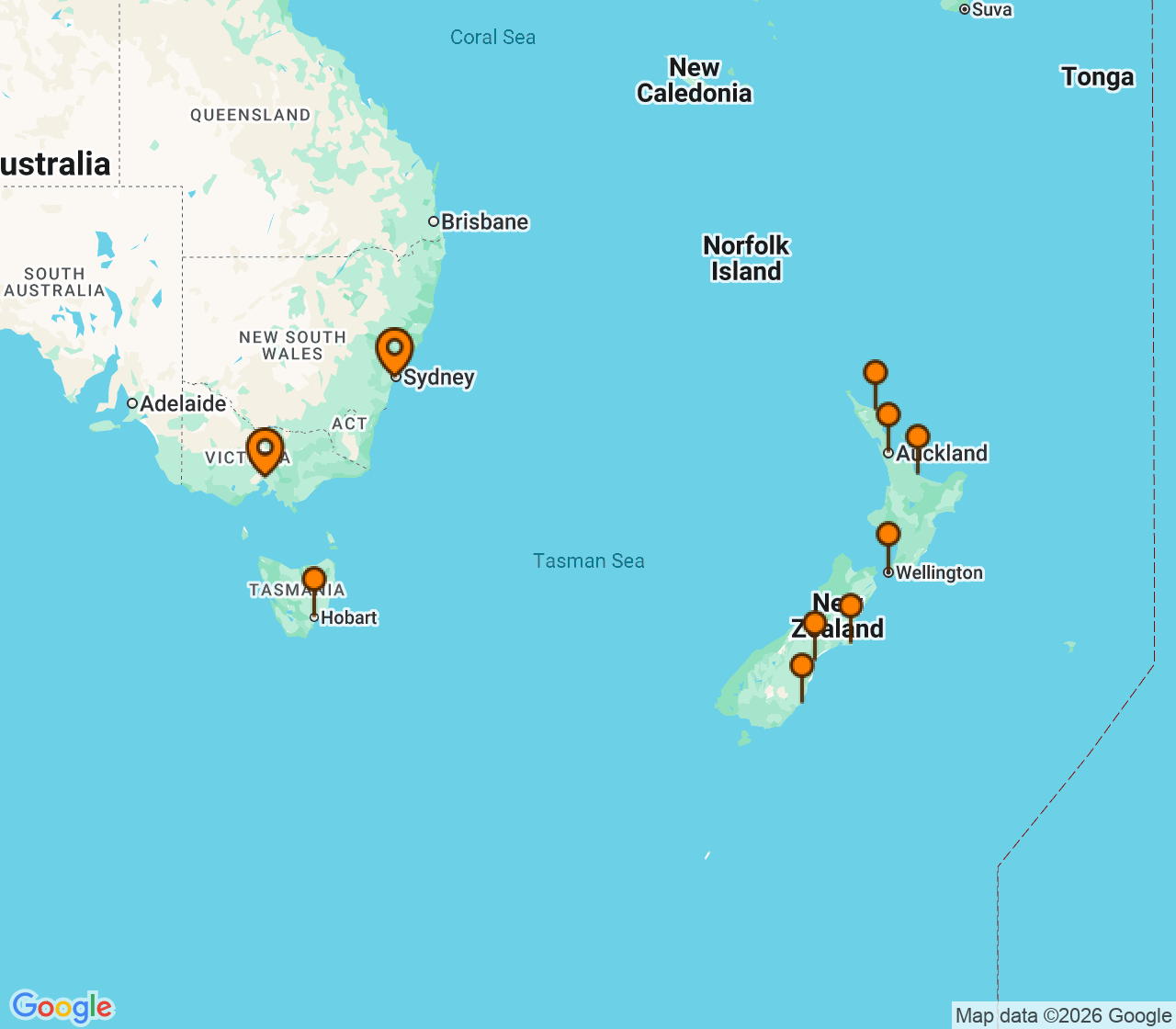 Harta itinerariu Croaziera 2028 - Grand Voyage si Tematice (Sydney, Australia) - Regent Seven Seas Cruises - Seven Seas Splendor - 16 nopti