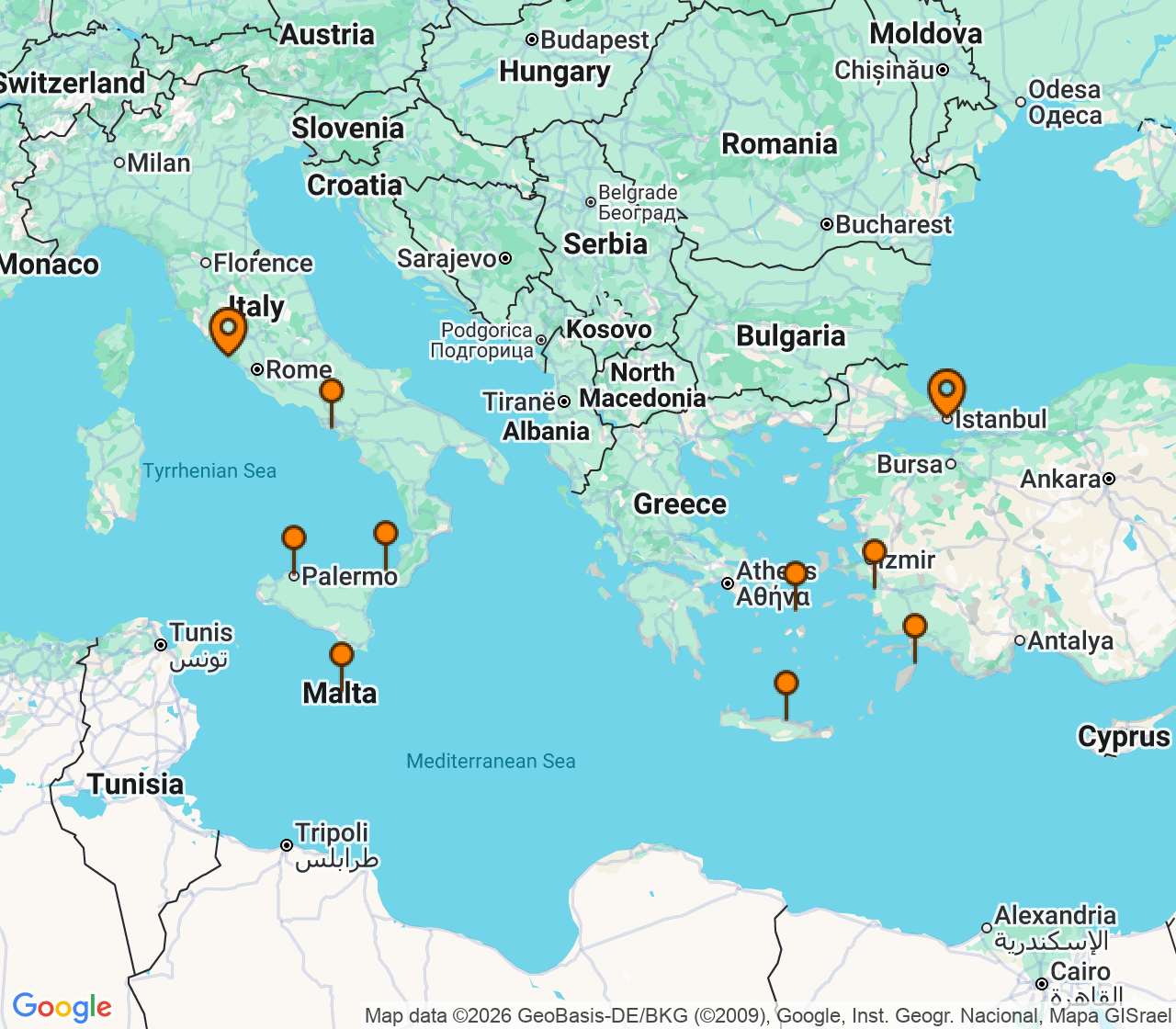 Harta itinerariu Croaziera 2028 - Mediterana (Istanbul, Turcia) - Princess Cruises - Enchanted Princess - 11 nopti