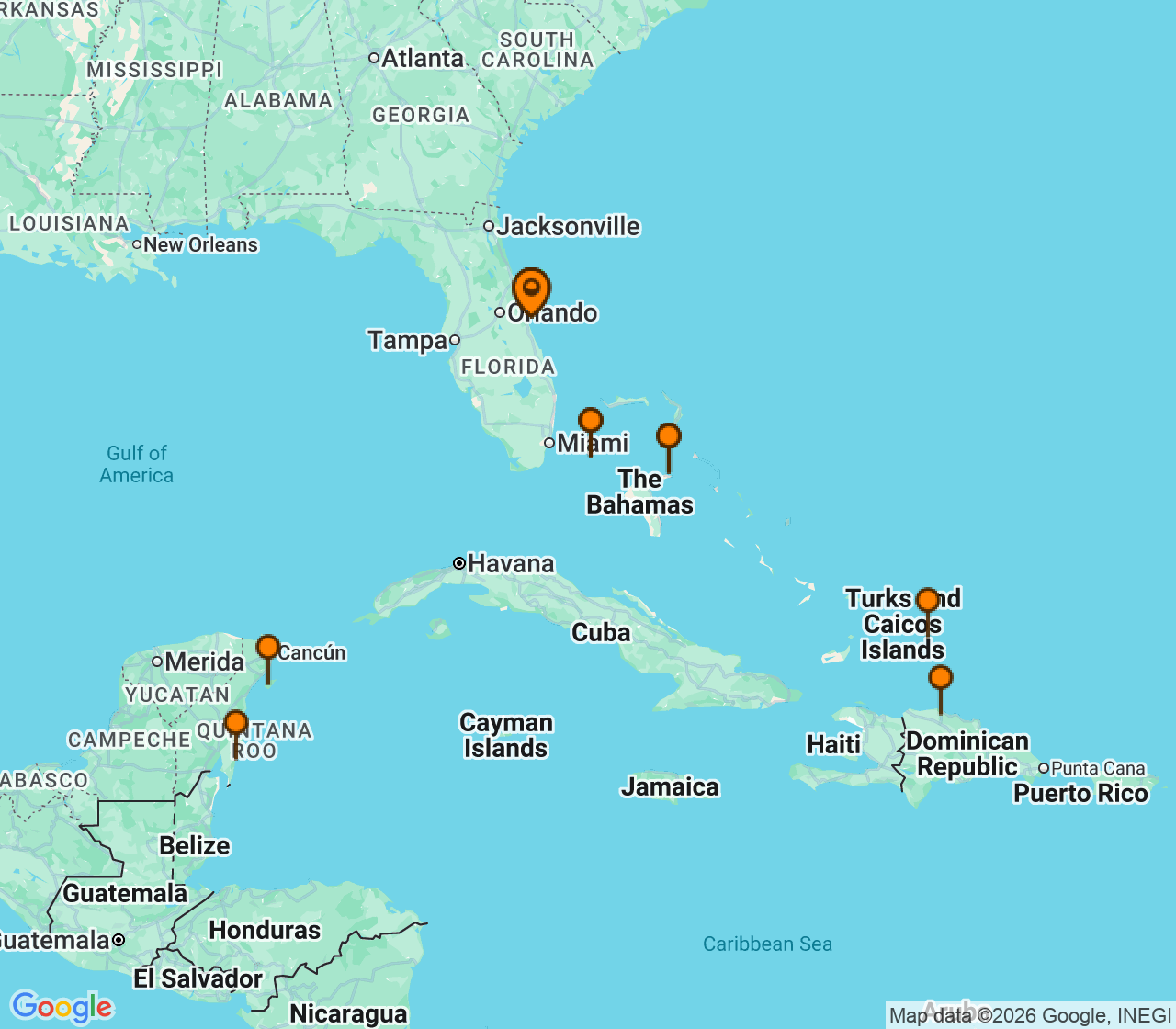 Harta itinerariu Croaziera 2028 - Caraibe si America Centrala (Port Canaveral, FL) - MSC Cruises - MSC World Atlantic - 14 nopti