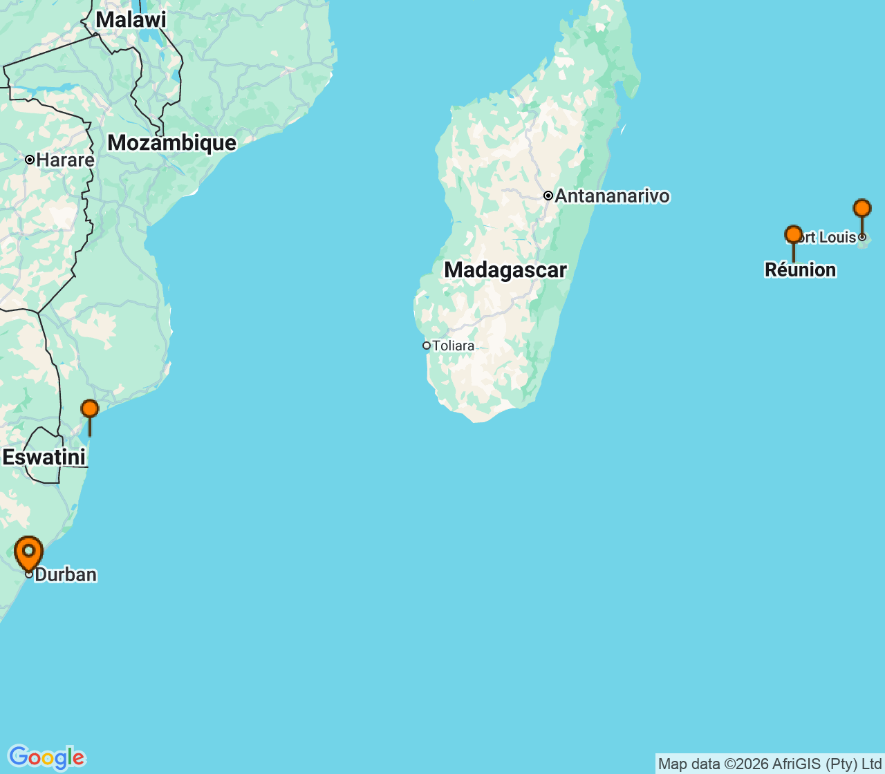 Harta itinerariu Croaziera 2027 - Africa (Durban, Africa de Sud) - MSC Cruises - MSC Sinfonia - 12 nopti
