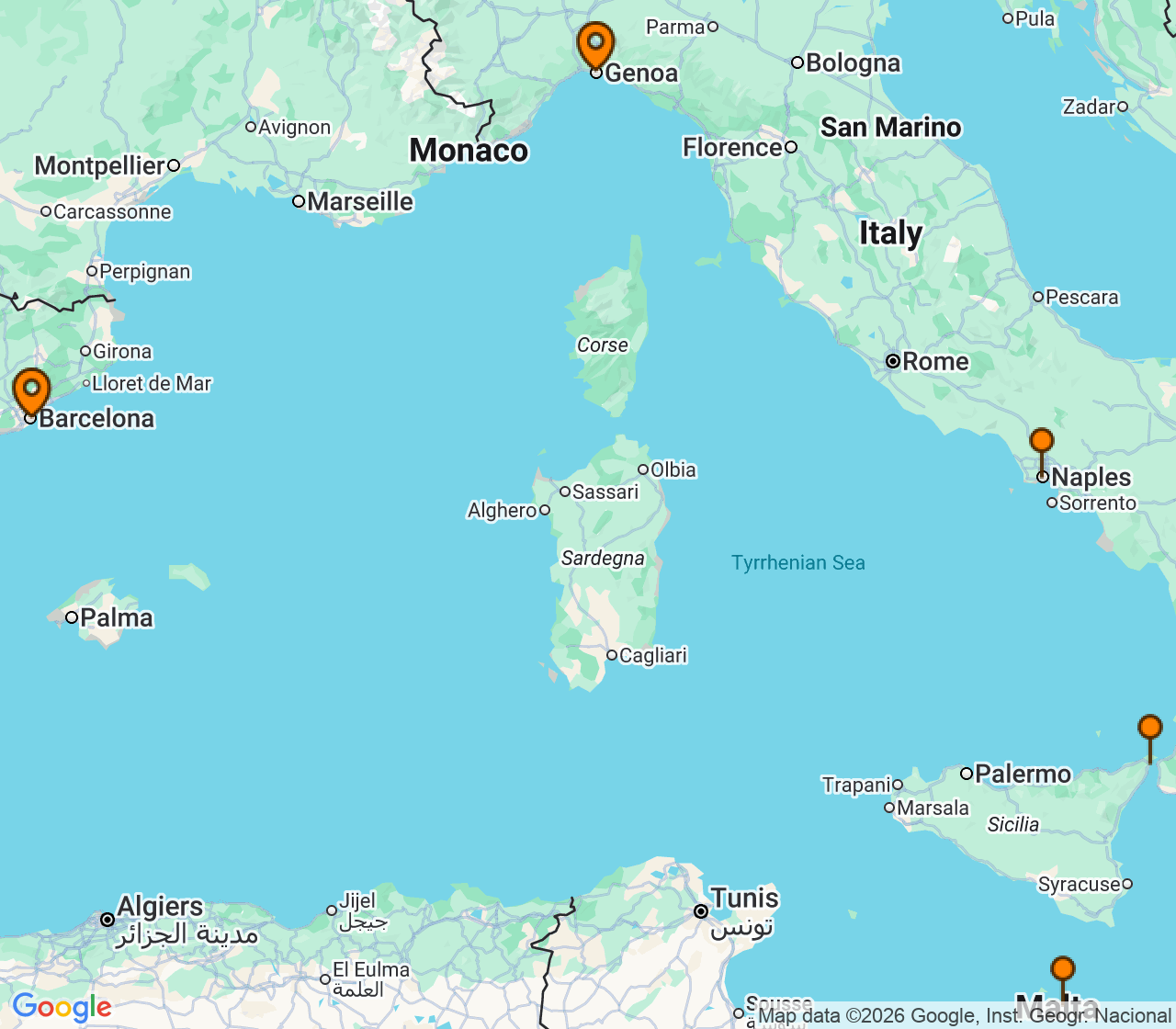 Harta itinerariu Croaziera 2026 - Mediterana (Genova, Italia) - MSC Cruises - MSC Magnifica - 5 nopti