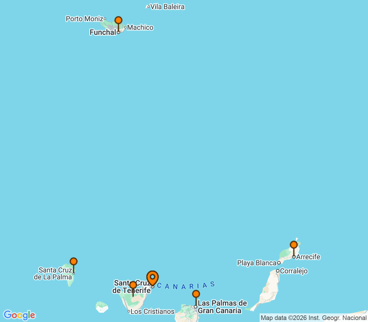 Harta itinerariu Croaziera 2027 - Mediterana (Santa Cruz de Tenerife, Insulele Canare) - Costa Cruises - Costa Smeralda - 7 nopti