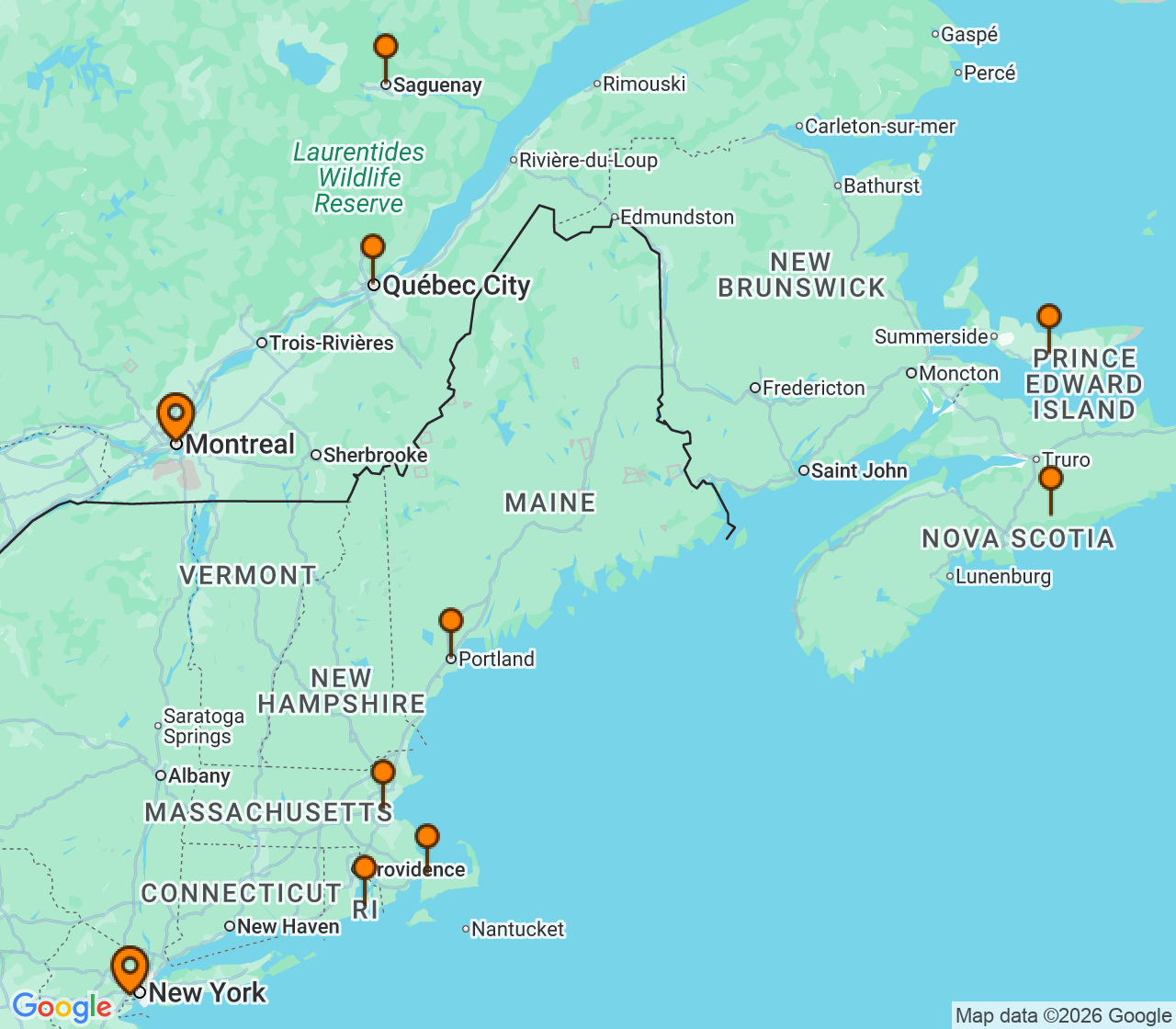 Harta itinerariu Croaziera 2026 - Canada si Noua Anglie (New York (Brooklyn), NY) - Silversea Cruises - Silver Shadow - 11 nopti