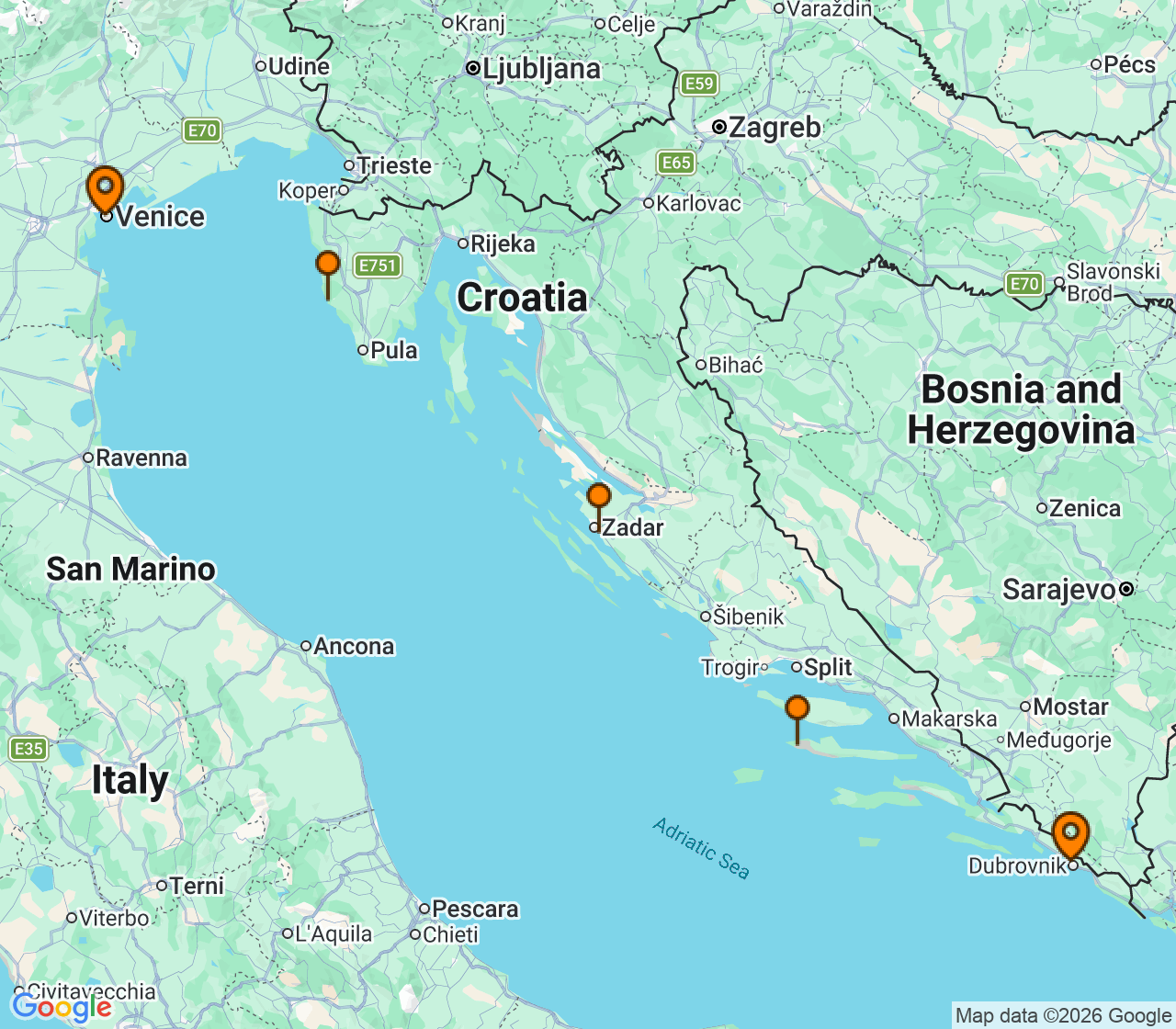 Harta itinerariu Croaziera 2027 - Mediterana (Venetia, Italia) - Windstar Cruises - Wind Spirit - 4 nopti