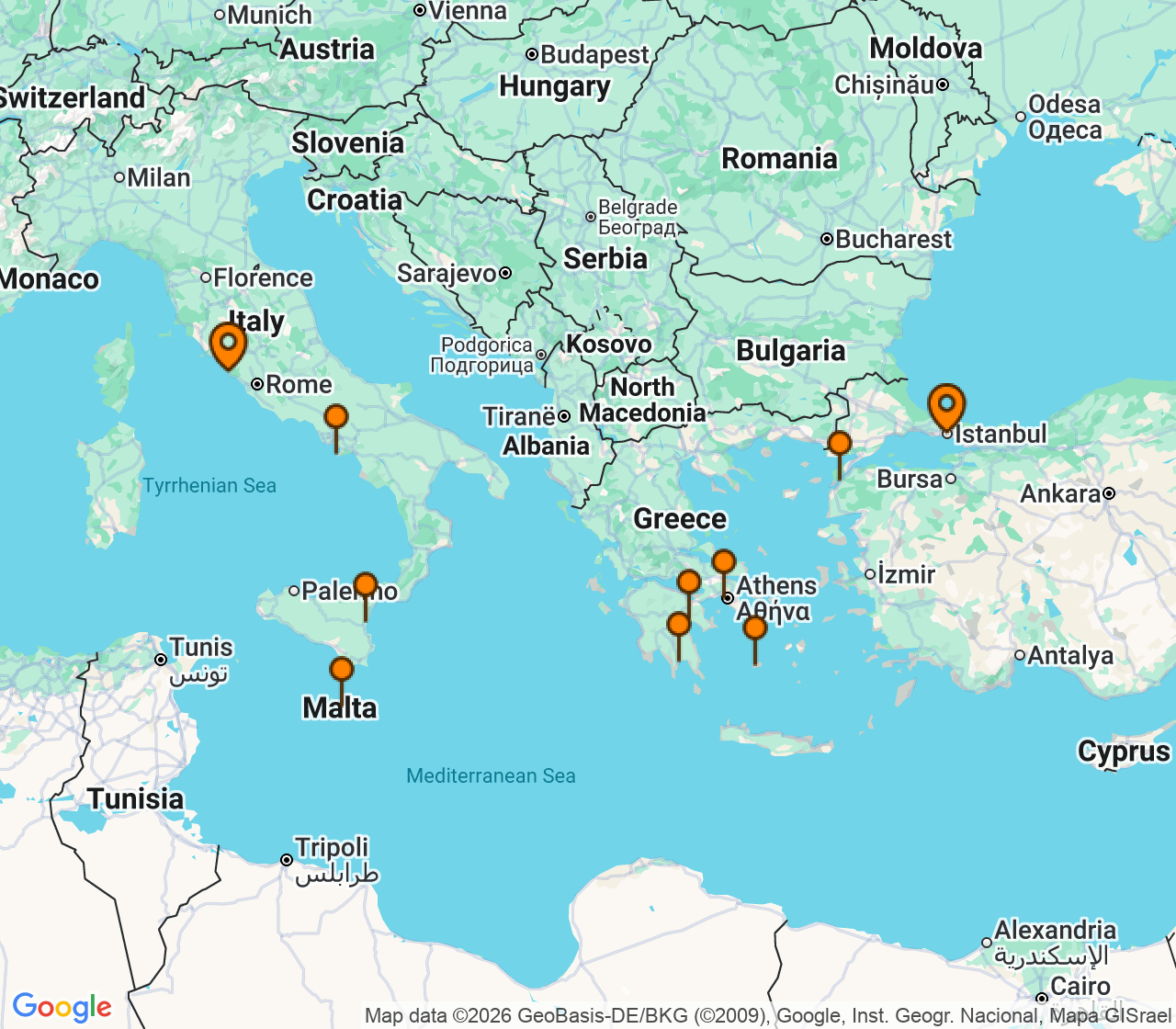 Harta itinerariu Croaziera 2027 - Mediterana (Roma (Civitavecchia), Italia) - Oceania Cruises - Marina - 10 nopti