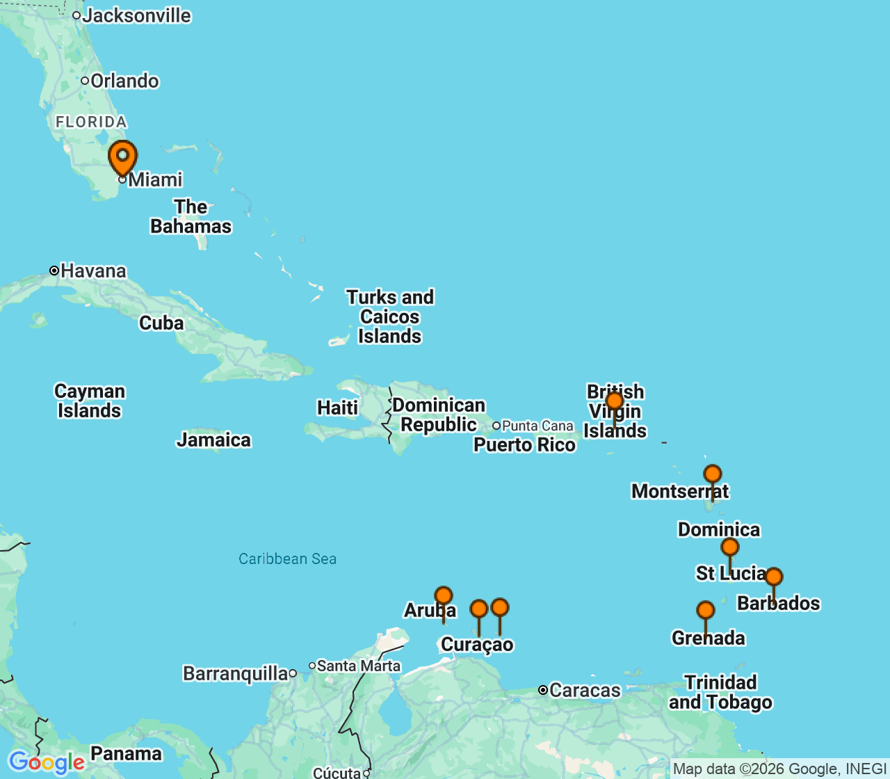 Harta itinerariu Croaziera 2027 - Caraibe si America Centrala (Miami, FL) - Oceania Cruises - Sonata - 13 nopti